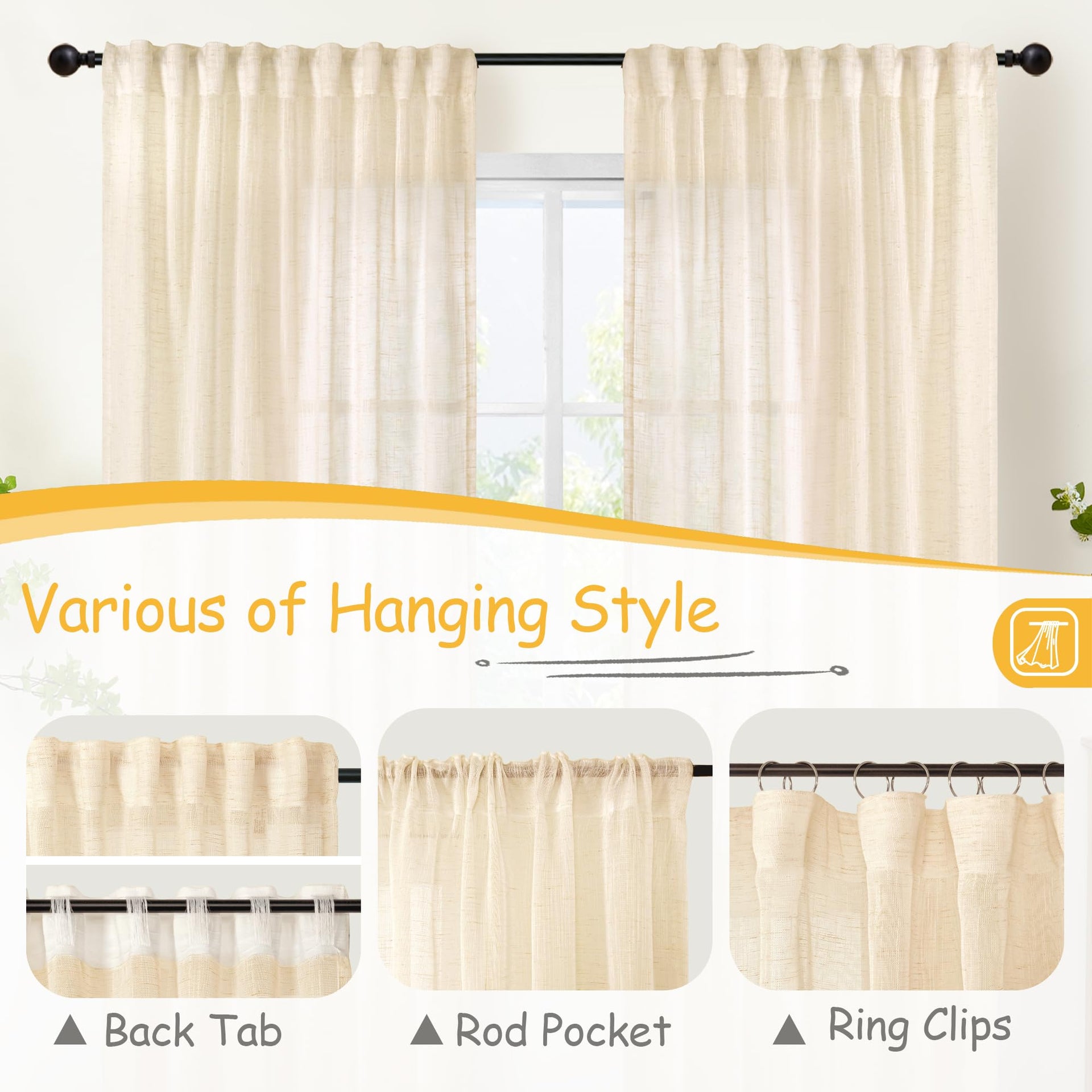 Linen Semi Sheer Curtains 72 Inch Length Cream Beige Drapes (2 Count)