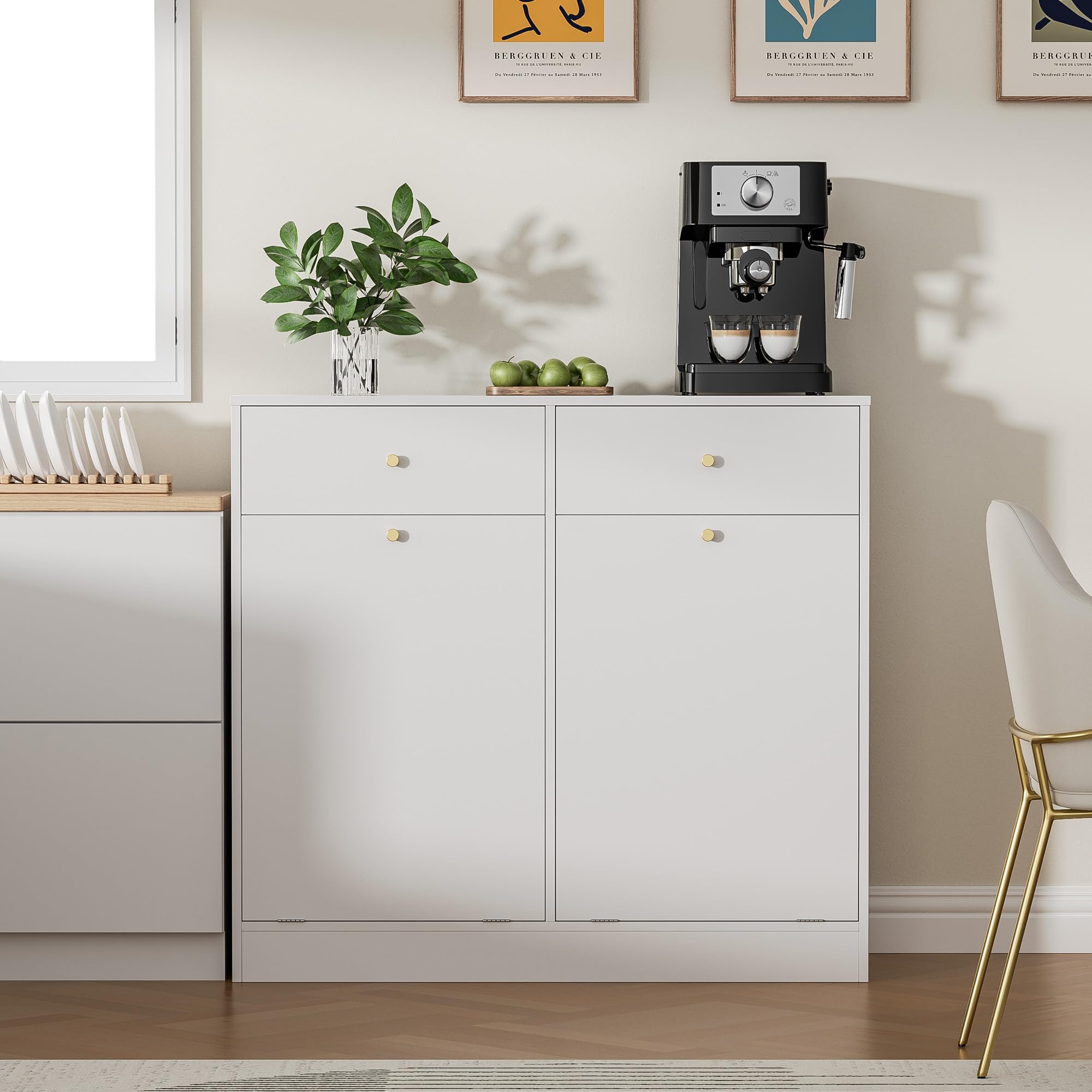 Double Tilt Out Trash Can Cabinet with 2 Drawers