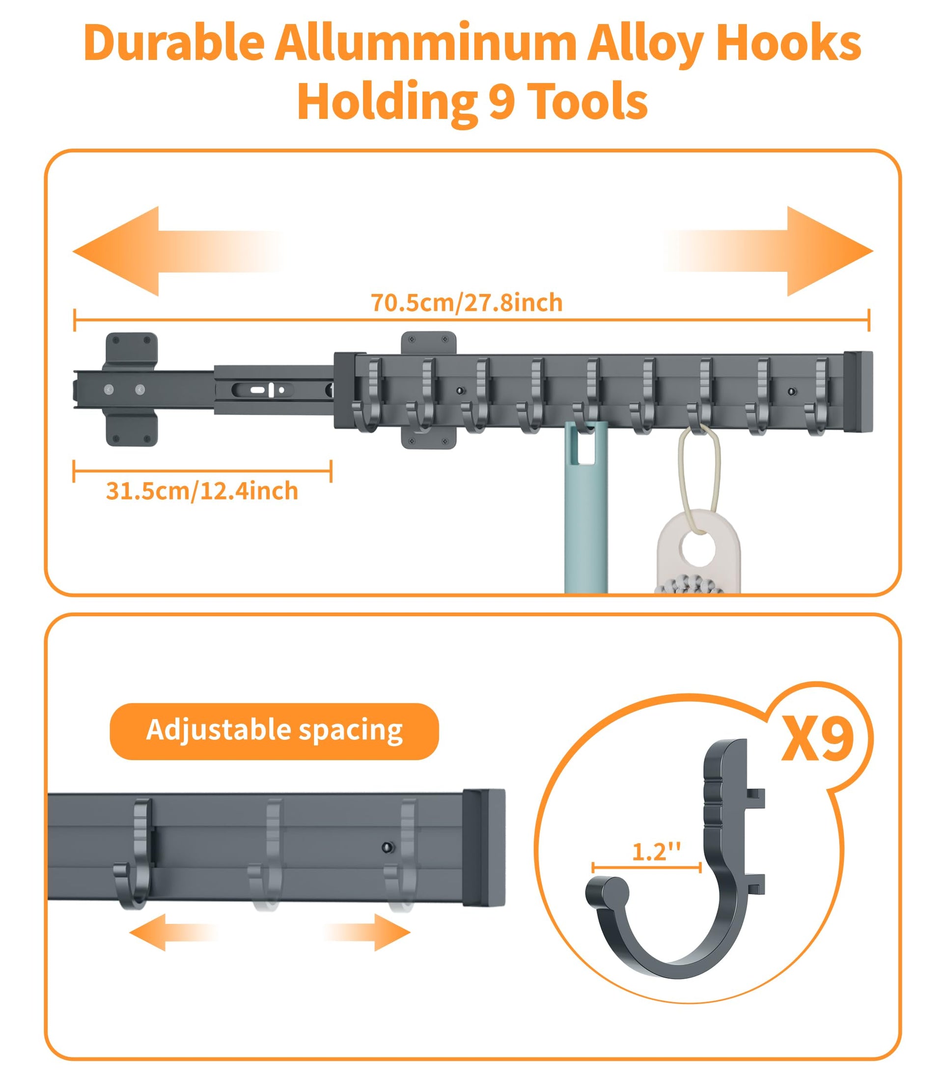 Pull Out Broom Holder With 9 Adjustable Row Sliding Hook