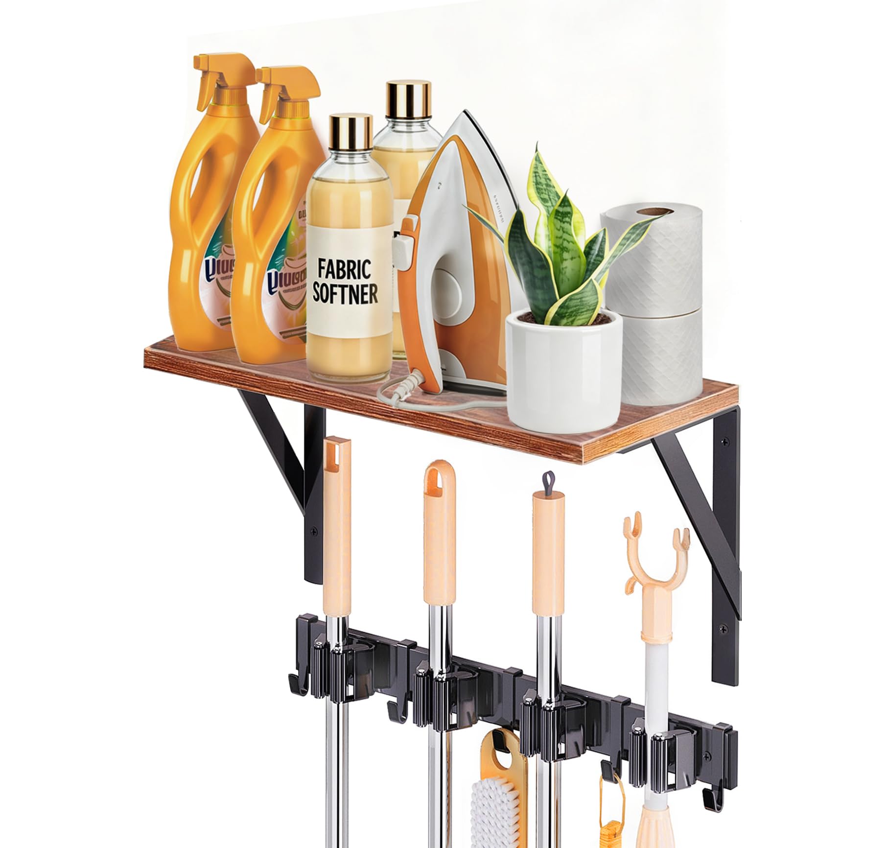 1Pack Broom Holder with Organizer Shelf 4 Broom Slots 5 Removable Hooks