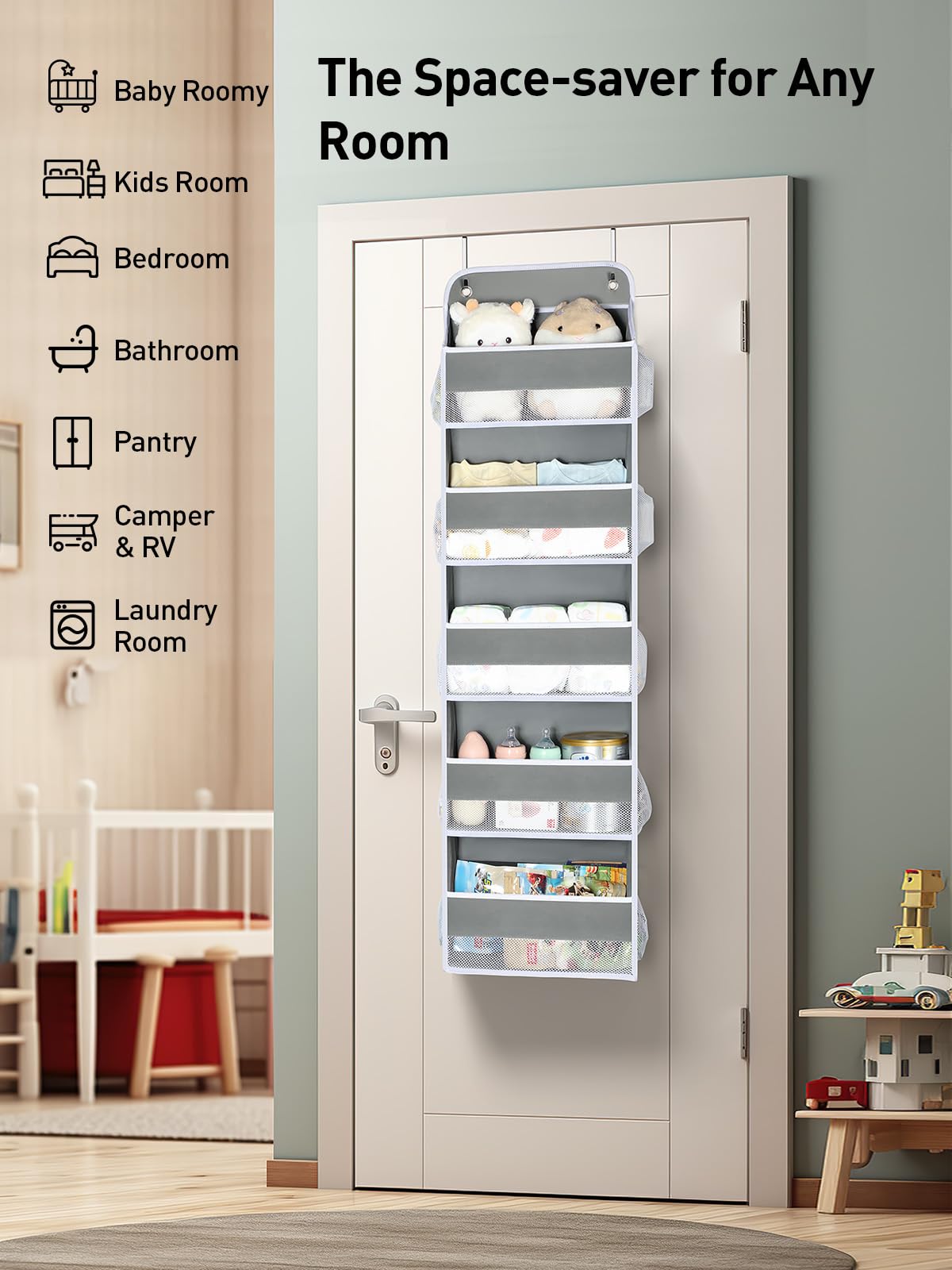 1 Pc Over the Door Organizer with 5 Bins 10 Side Pockets