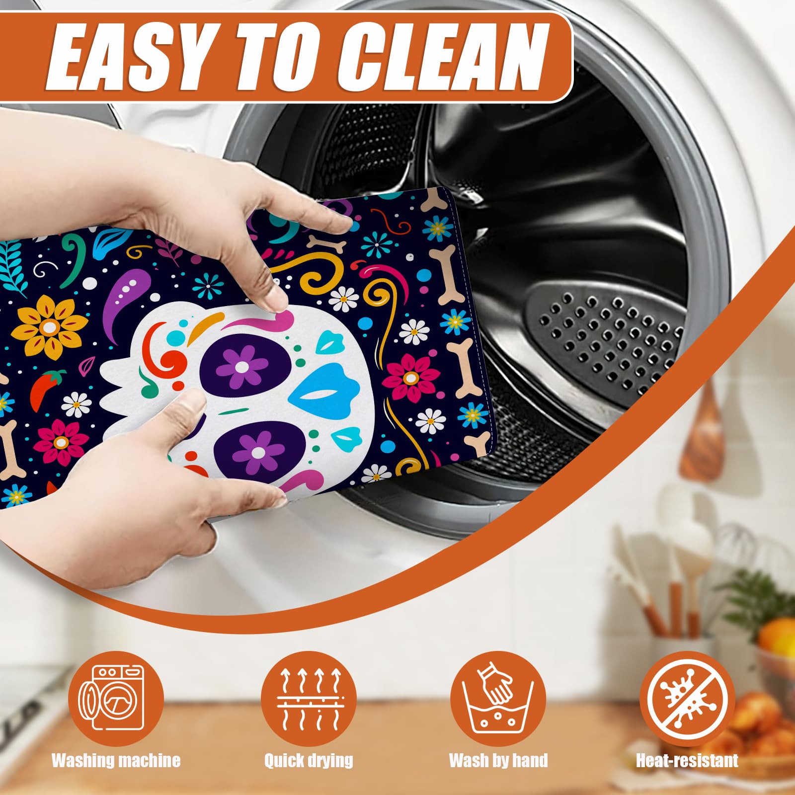 Sugar Skull Dish Drying Mat for Kitchen Counter Microfiber Absorbent Dish Day of the Dead Kitchen Drying Mat Draining Reusable Washable for Dishes