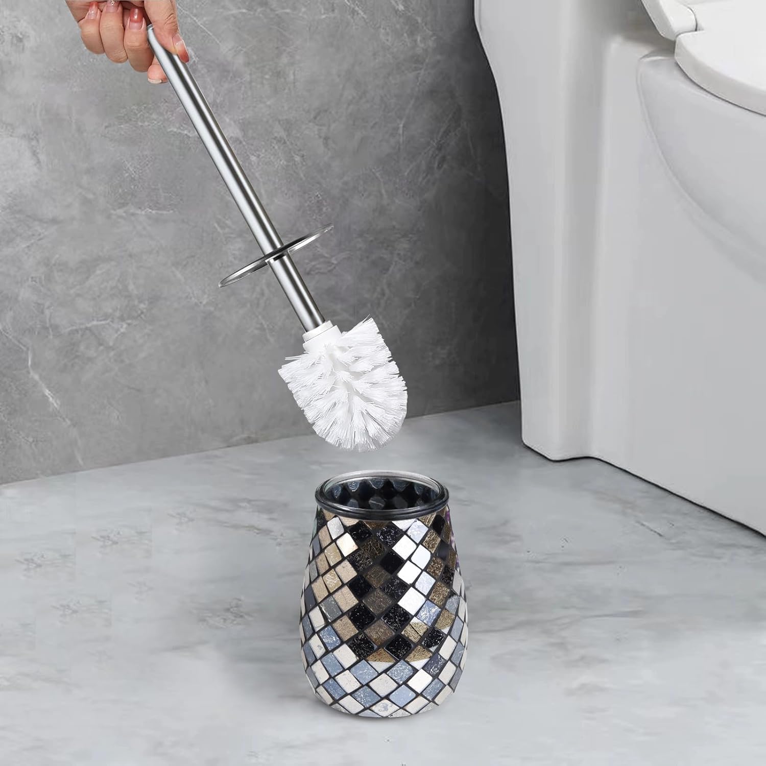 Modern Toilet Brush and Holder Set Mosaic Glass