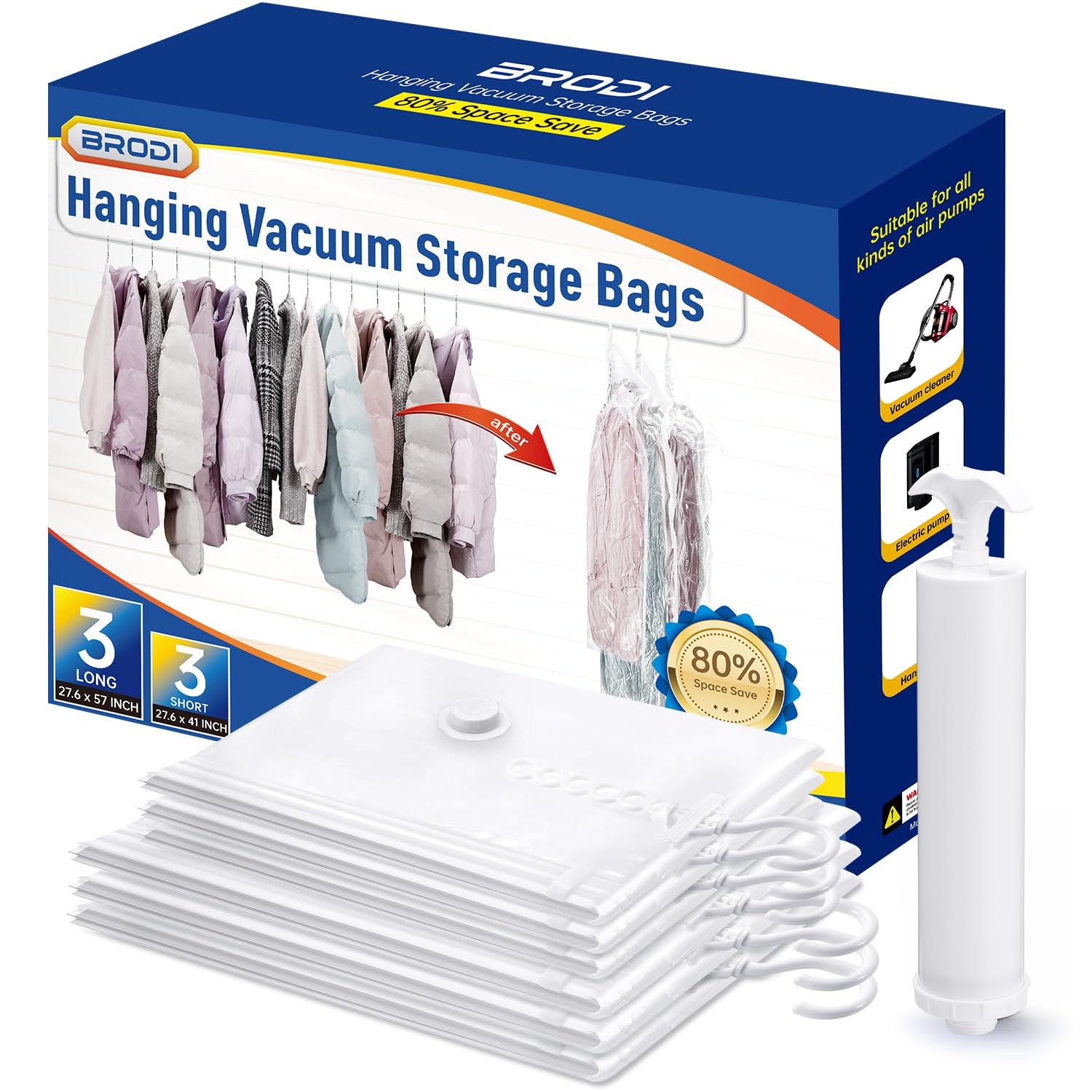 Hanging Vacuum Storage Bags For Clothes With Hand Pump (6 Count)