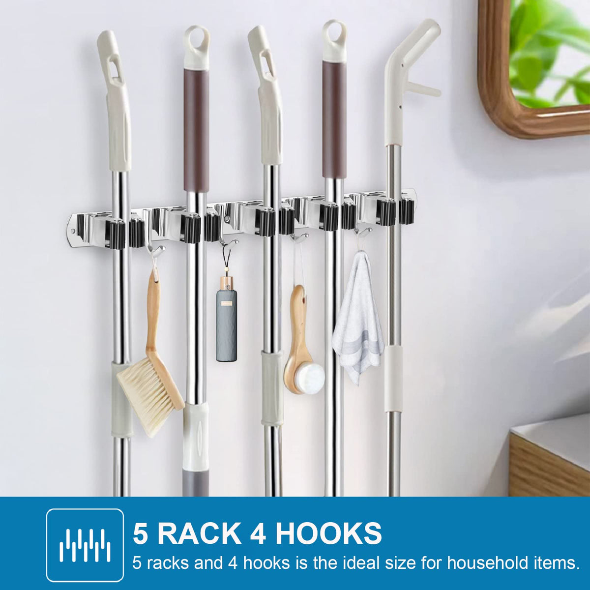 2 Pack Broom Holder Wall Mount Stainless Steel Mop Organizer (2 Count)