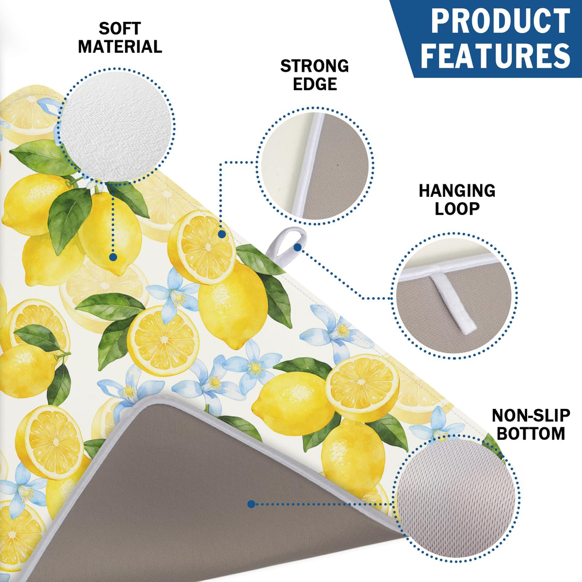 Lemon Dish Drying Mat 18x24 Inch Absorbent Reversible Summer Drying Mat Floral Lemon Fruits Dish Drying Rack Mat Yellow Summer Themed Dish Drainer Mat for Kitchen Counter Coffee Bar