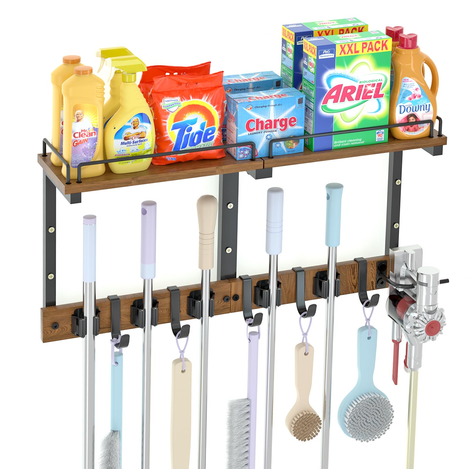 Broom and Mop Organizer Wall Hanging with Cleaning Supplies Organizer