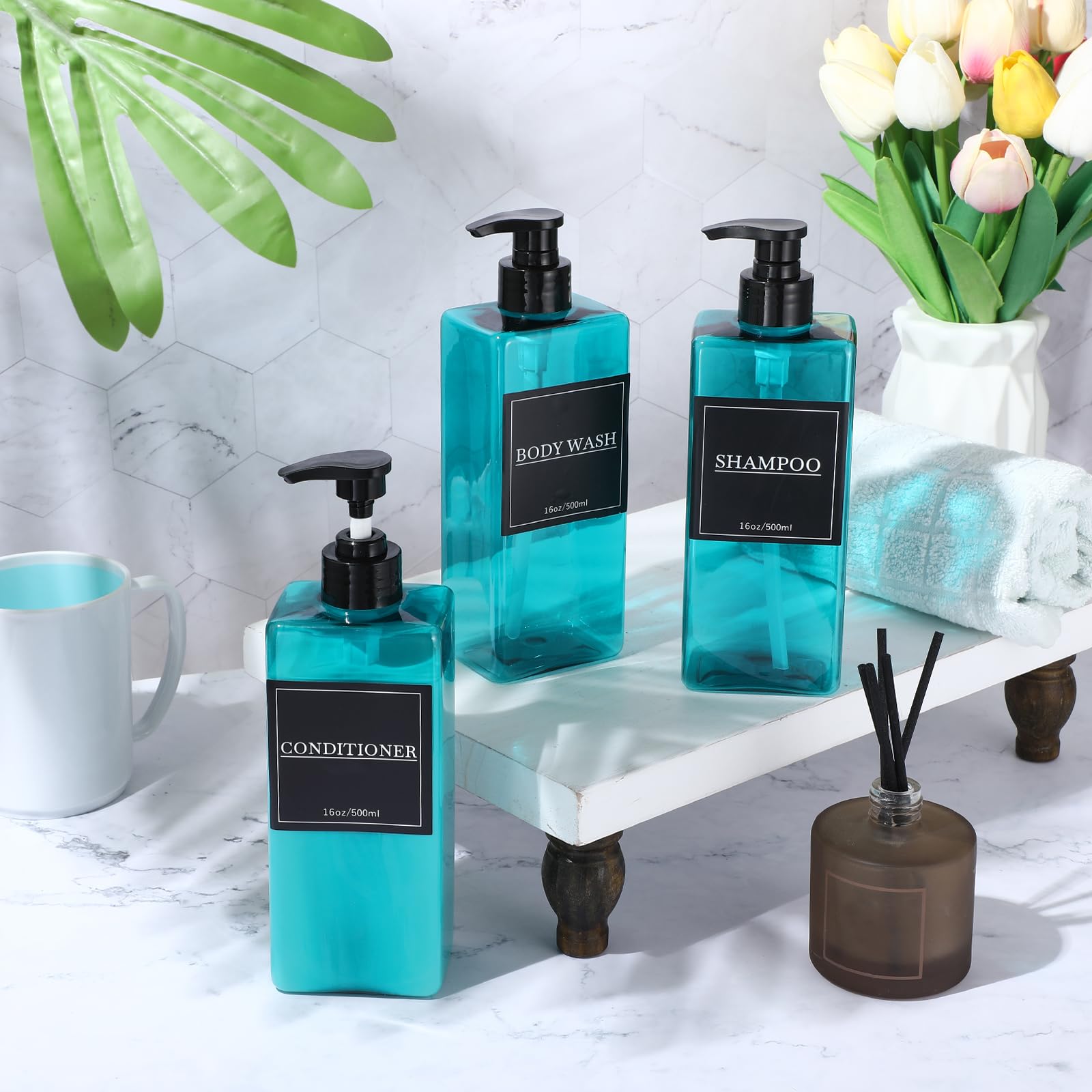 6 Pieces Shampoo and Conditioner Dispenser Bottles 16oz Modern Shower Soap Bottles with Pump (6 Count)
