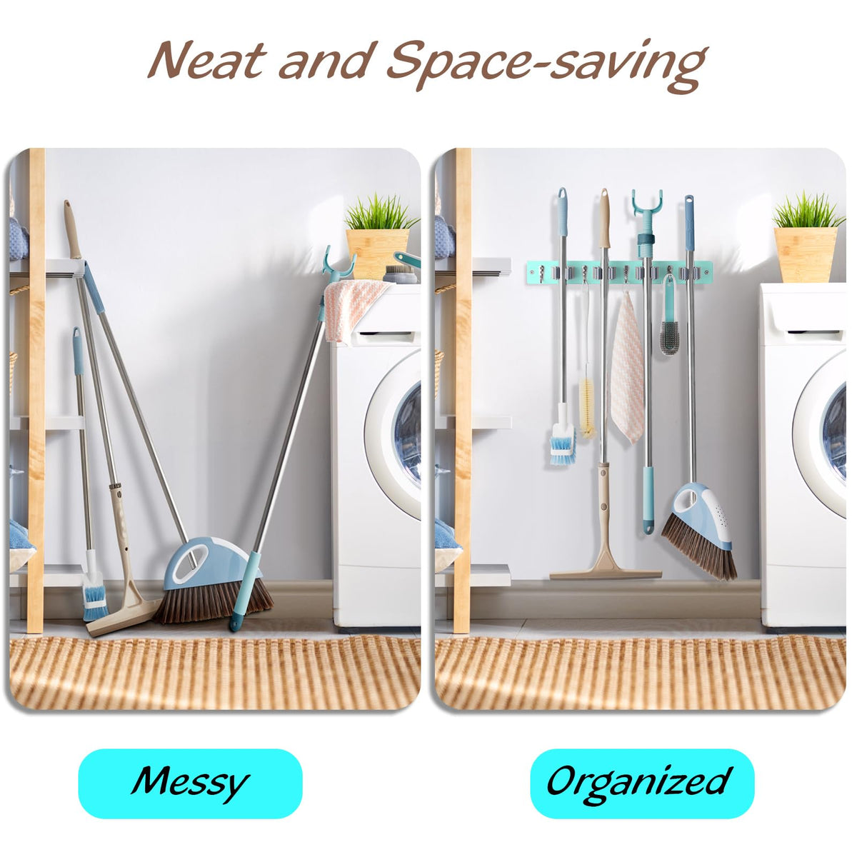 Turquoise Mop Broom Holder Wall Mount with 4 Slots & 4 Hooks