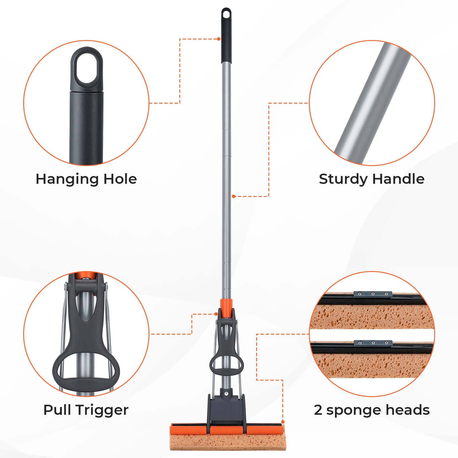 Sponge Mops for Floor Cleaning with 2 Cellulose Mop Head Refills and 55” Long Handle