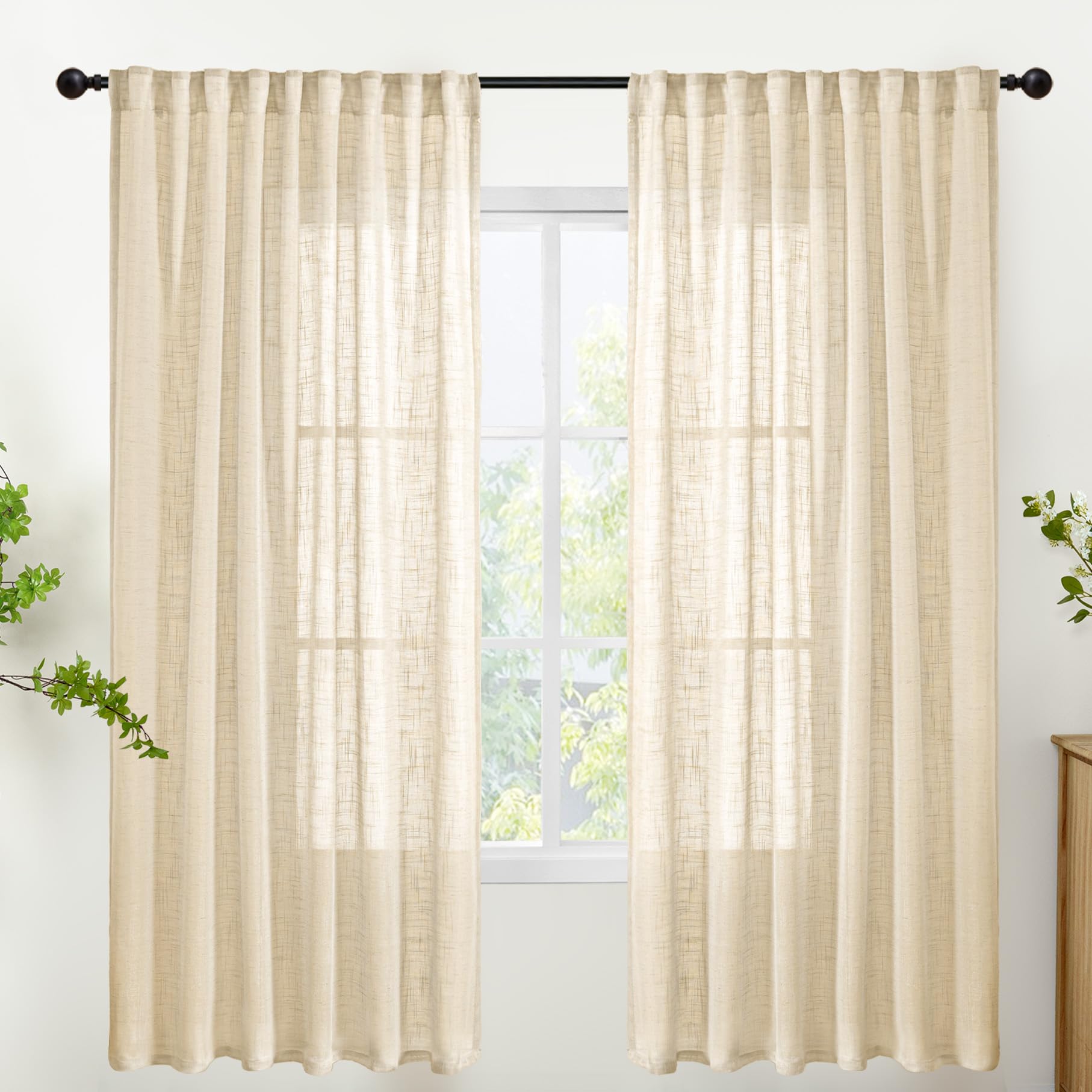 Natural Linen Semi Sheer Curtains 72 Inch Length for Living Room (2 Count)