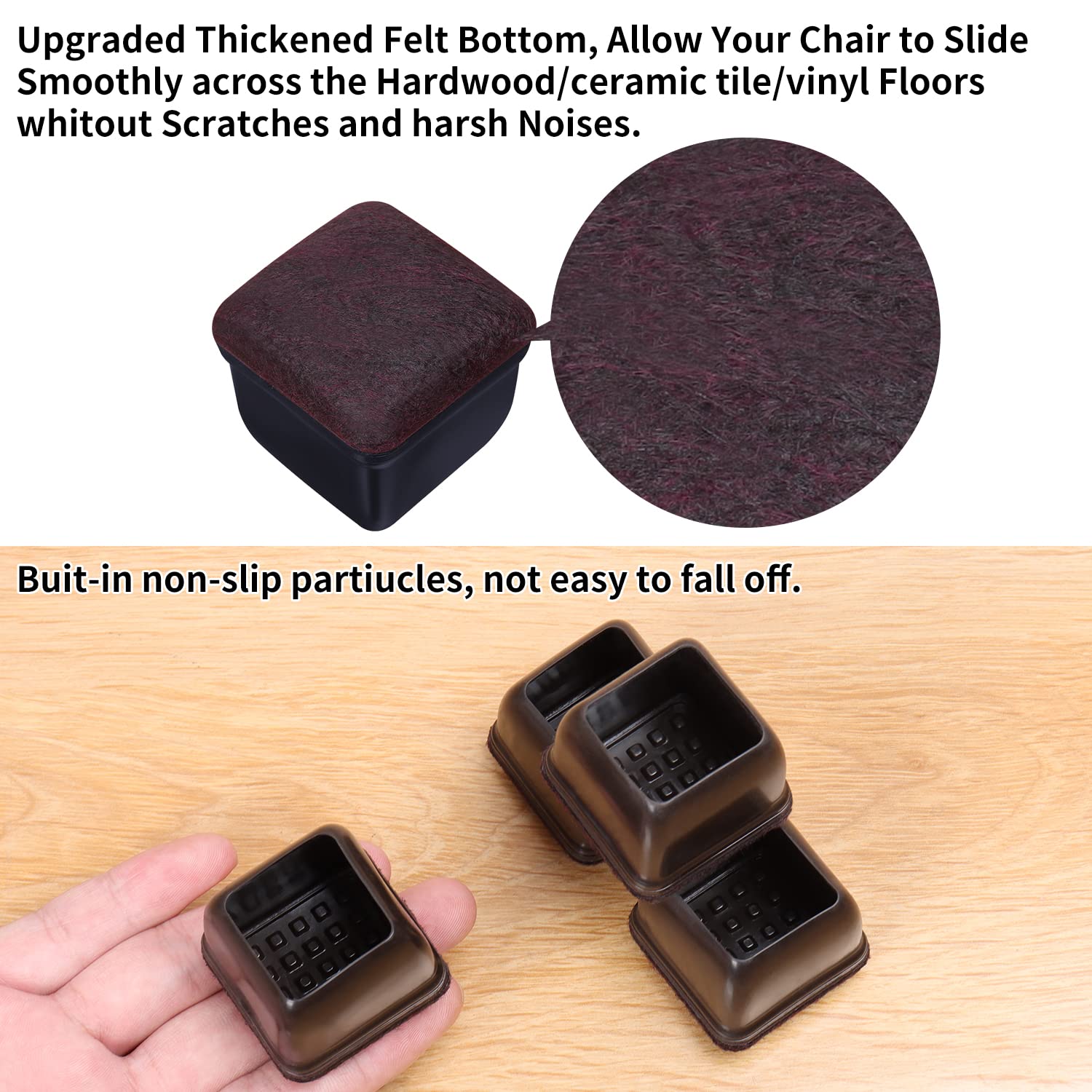 24 Pcs Black Square Chair Leg Floor Protectors with Felt (24 Count)