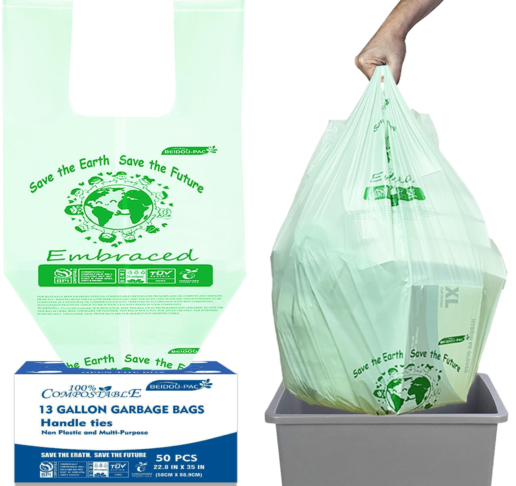 13 Gallon Compostable Tall Kitchen Trash Bags with Handle (50 Count)