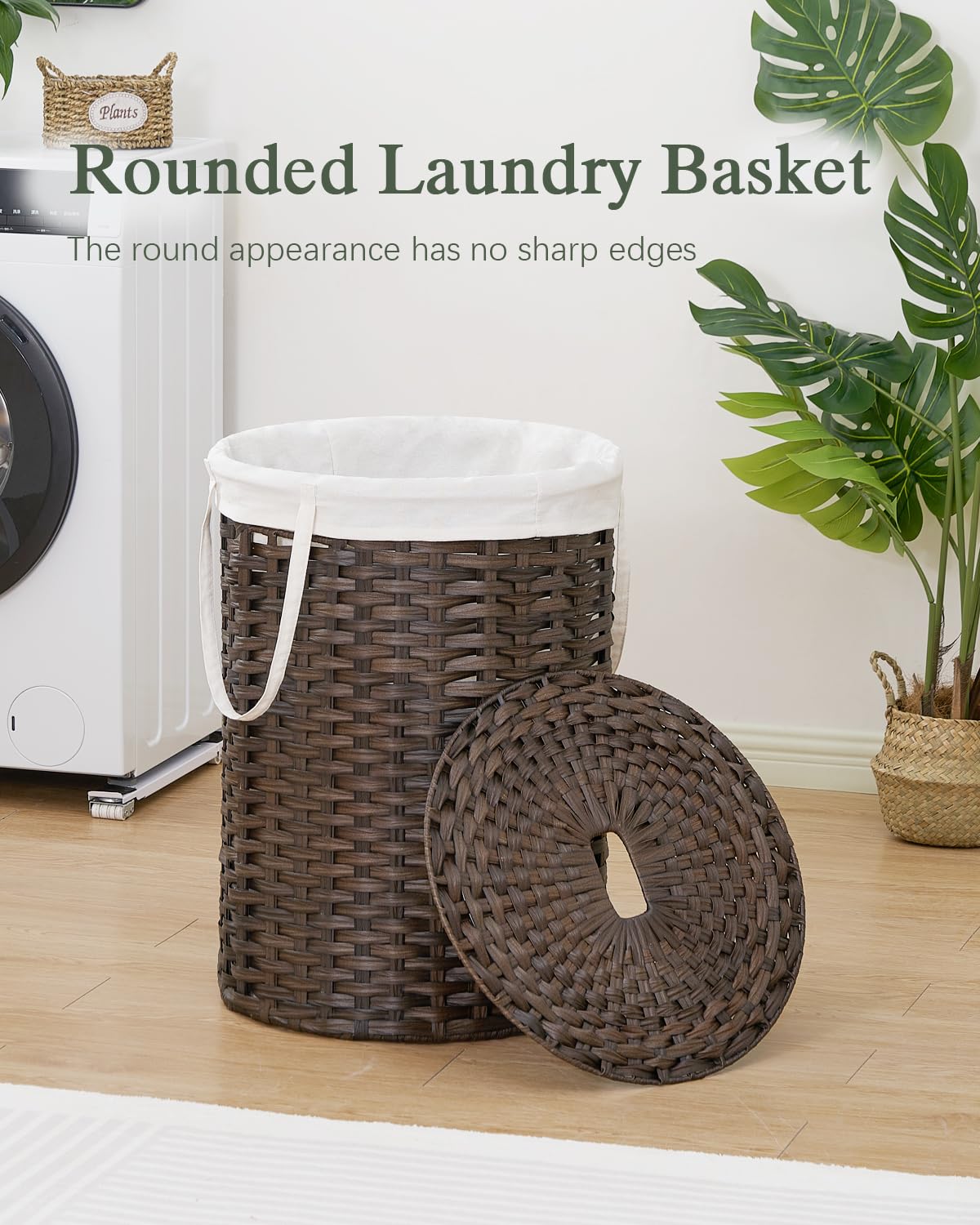 Laundry Basket with Lid Round Rattan PE Laundry Hamper