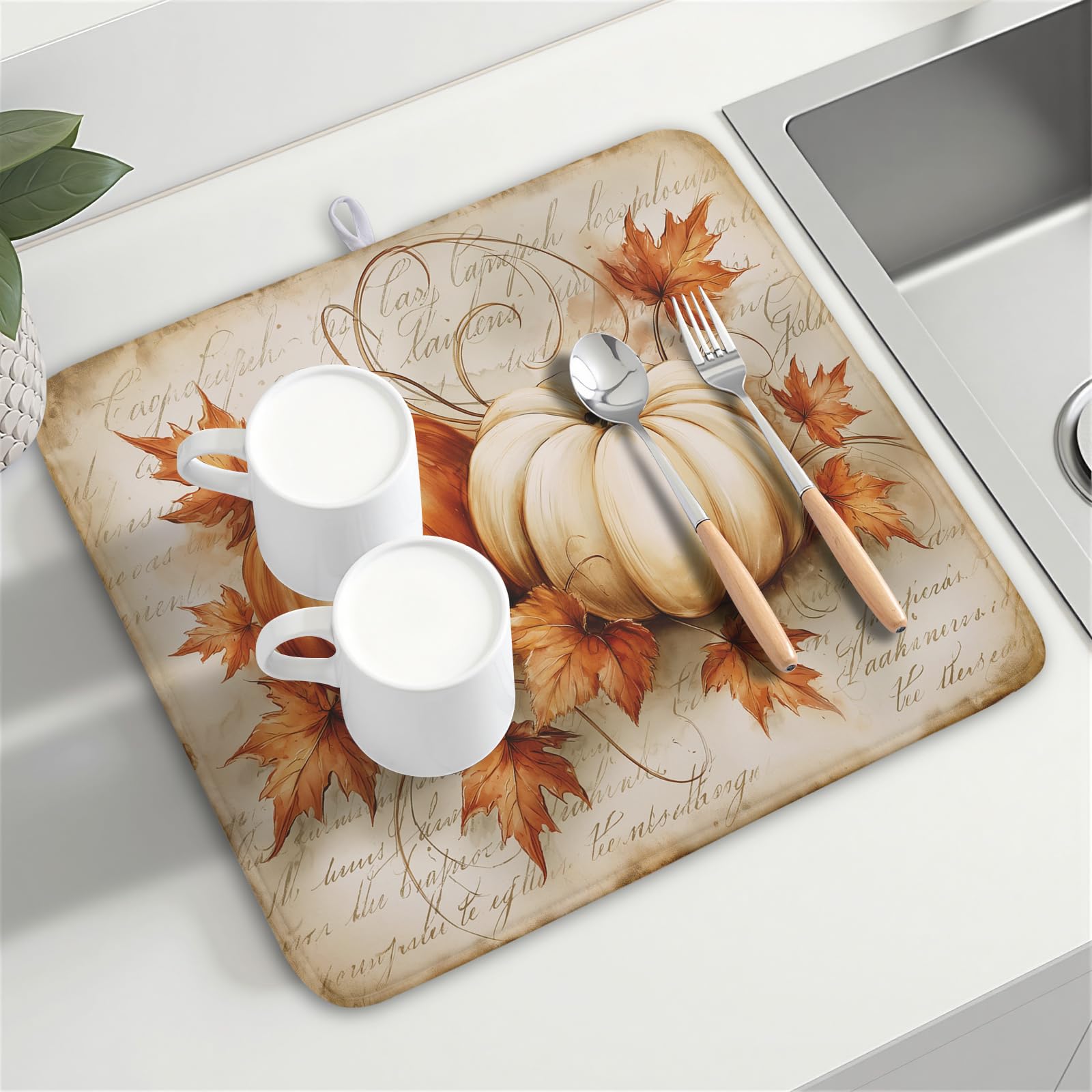 Fall Pumpkin Dish Drying Mat 16X18 Inch Vintage Autumn Drying Mat for Kitchen Counter Absorbent Maple Leaf Fall Thanksgiving Farmhouse Dishes Pad Drainer Mat Countertop Protector for Kitchen Fast Dry