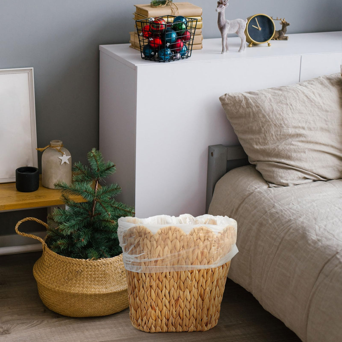 2 Pcs Wicker Trash Can with 50 Small Trash Bag Wicker Waste Woven Basket with Handles Clear Multi Use Garbage Bags for Bathroom Kitchen Bedroom (2 Count)