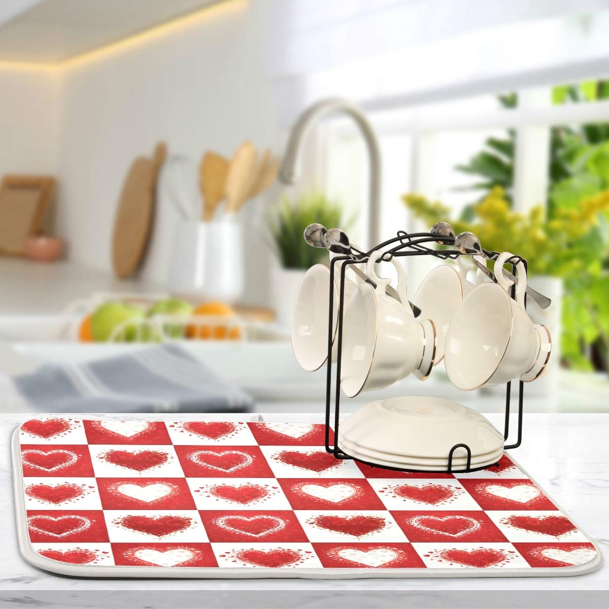 Valentine's Day Love Heart Red Buffalo Plaid Dish Drying Mat 18x24 for Kitchen Mother's Day Rose Pink Flowers Dishes Pad Dish Drainer Rack Mats Absorbent Fast Dry Kitchen Accessories