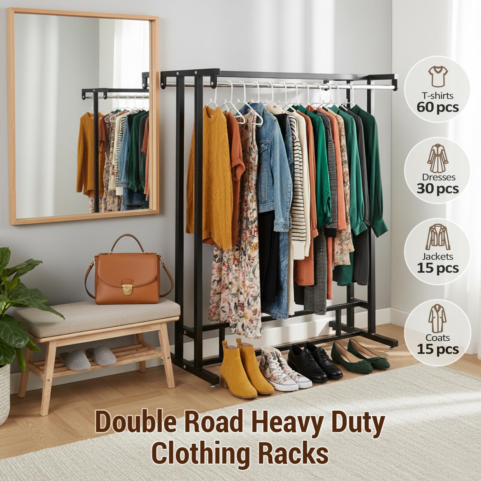 Black Double Rod Garment Rack with Shelf Freestanding Clothing Stand
