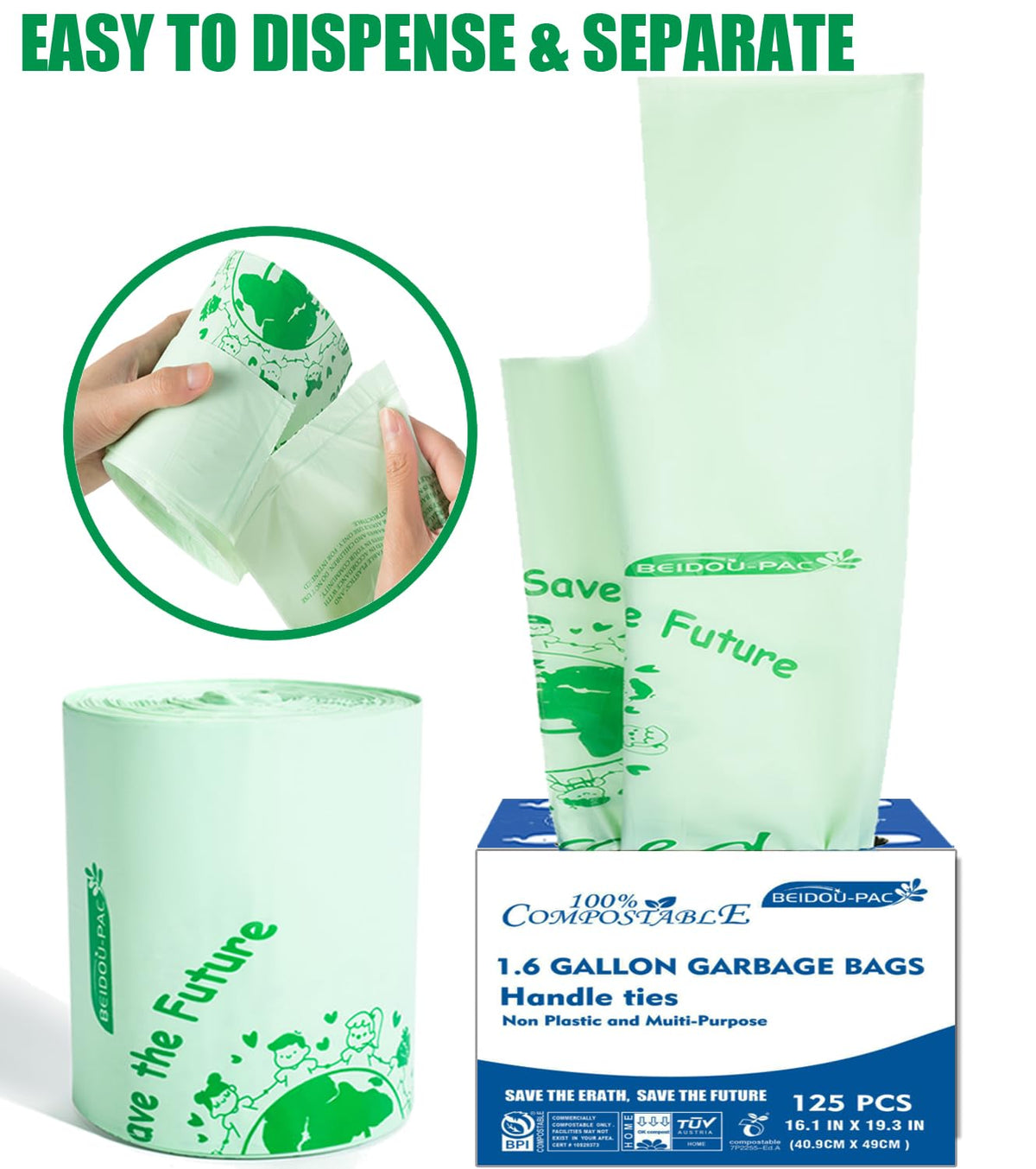 1.6 Gallon Compostable Trash Bags with Handle (250 Count)