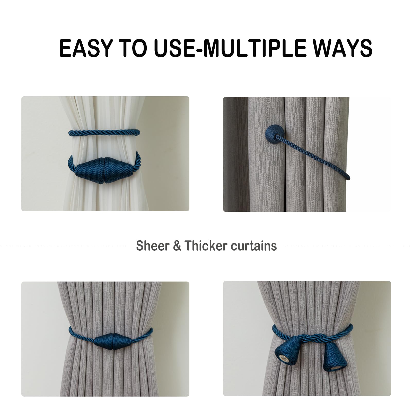 Magnetic Curtain Tiebacks 6 Pack Outdoor Rope Curtain Tie Backs Decorative Window Treatment Holdbacks for Home Decorative Curtain (6 Count)