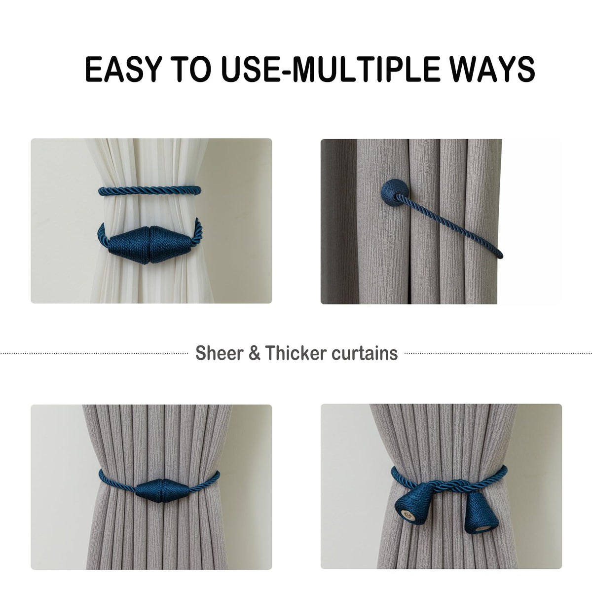 Magnetic Curtain Tiebacks 4 Pack Outdoor Rope Curtain Tie Backs Decorative Window Treatment Holdbacks for Home Decorative Curtain