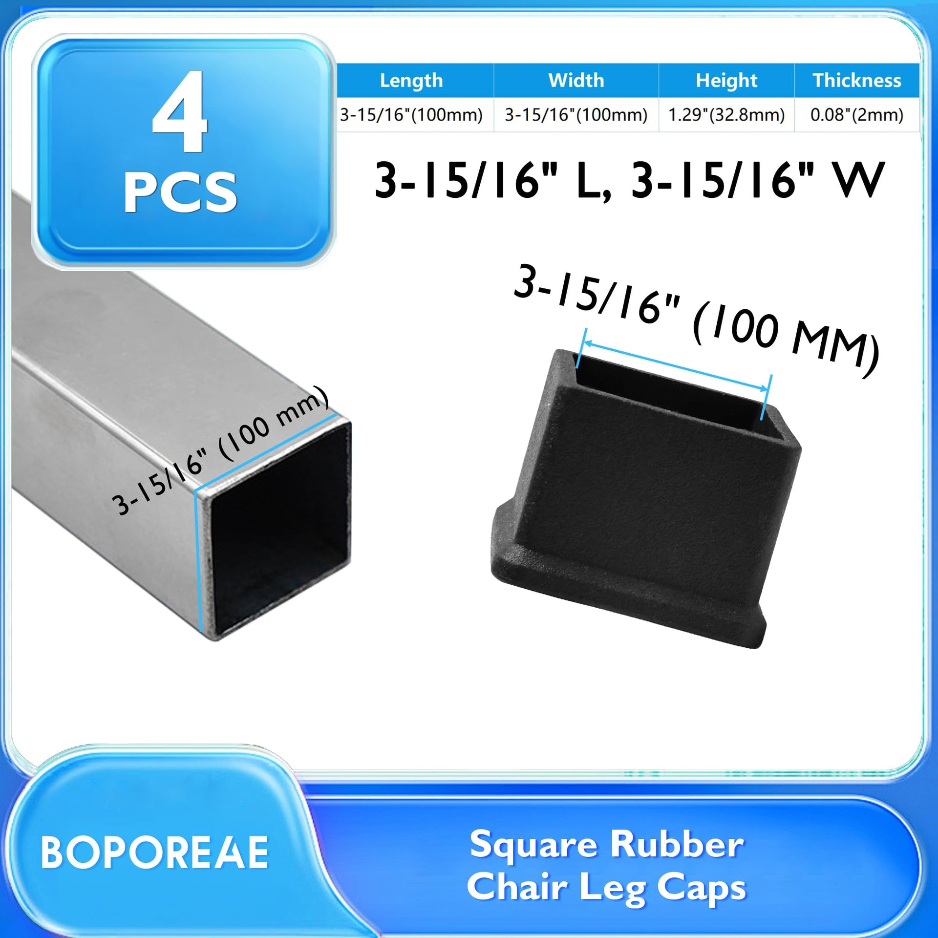 4 Pcs 4" x 4" Black Square Rubber Chair Leg Caps (4 Count)