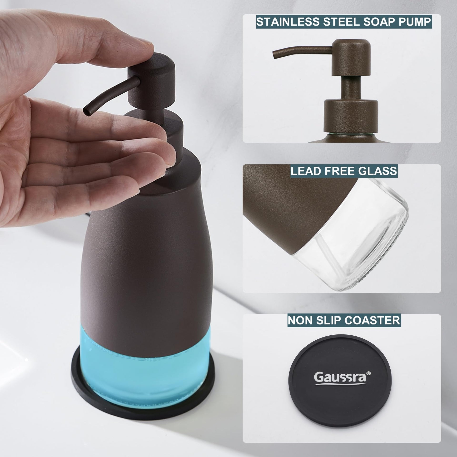 Matte Brown Soap Dispenser with Coaster & Stickers