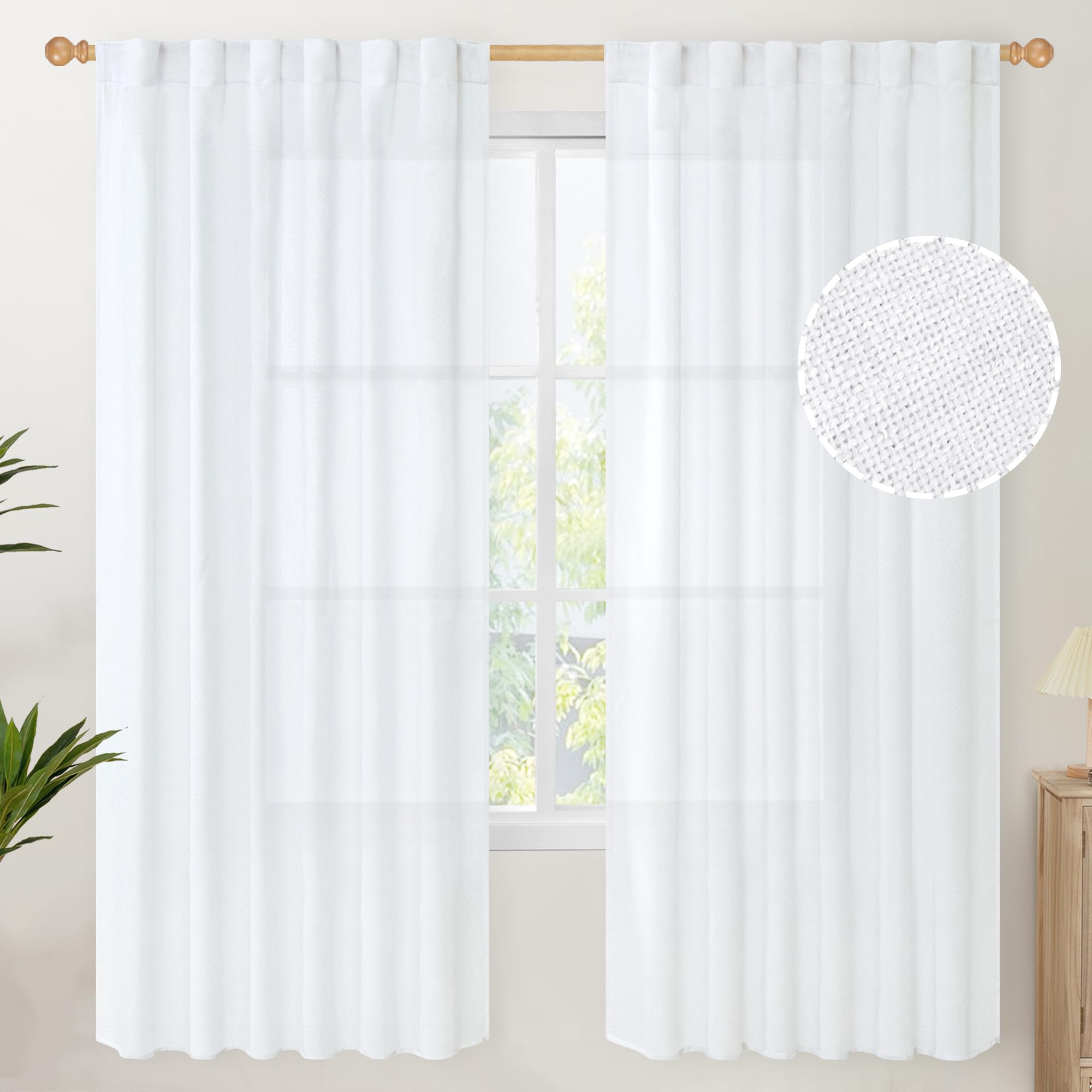White Linen Semi Sheer Curtains 72 Inch Length Light Filtering (2 Count)