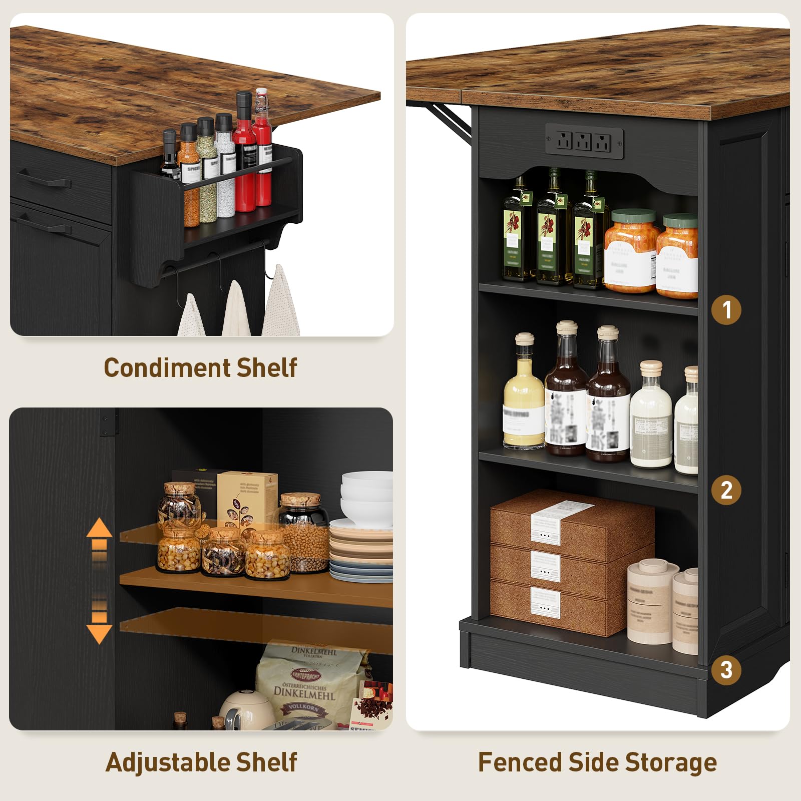 Kitchen Island with Power Outlet & Drop Leaf