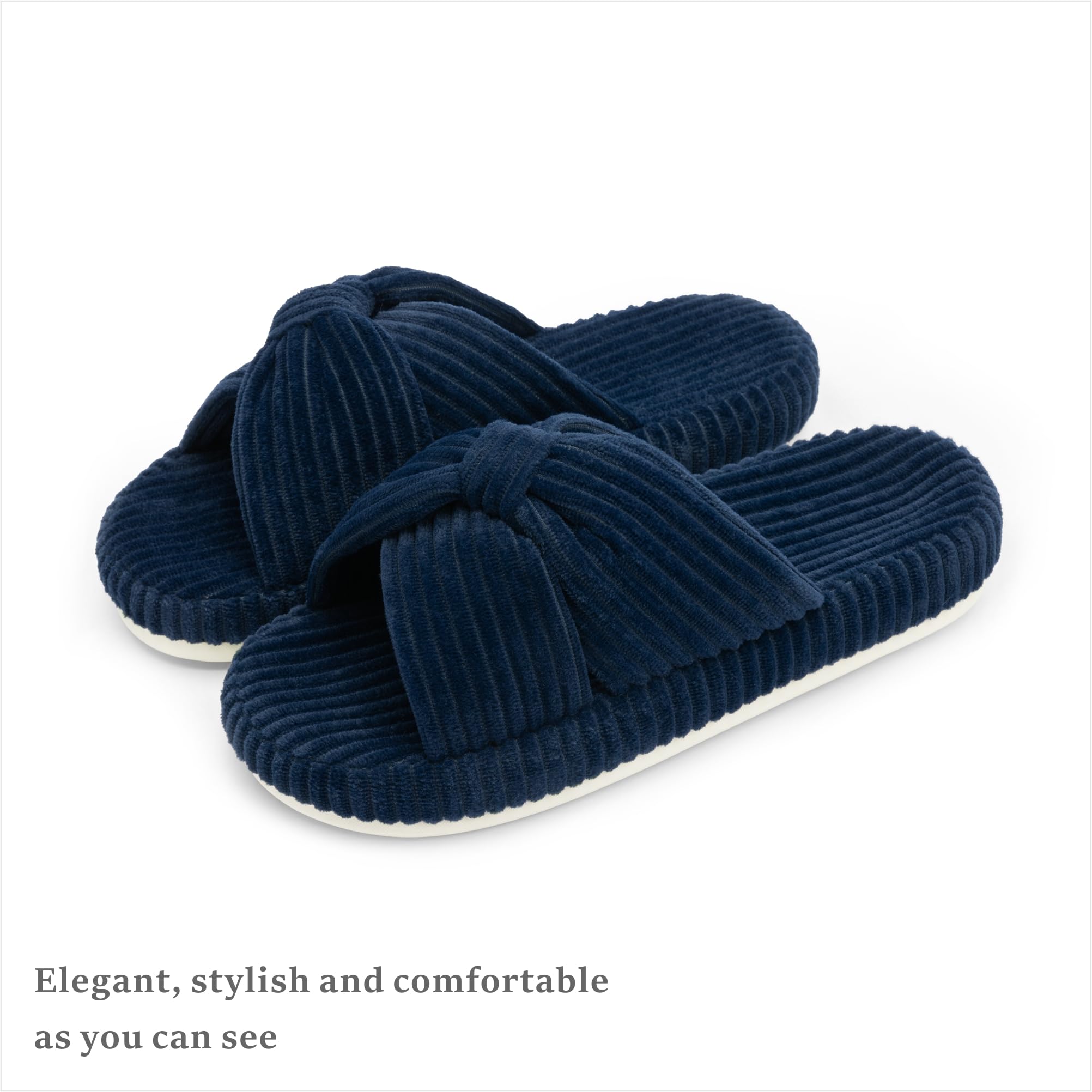 Slippers for Women Memory Foam House Bedroom Corduroy Bow Crossbands Slipper Shoes Comfy Trendy Gift Slippers Navy Blue Size 9 10 8.5