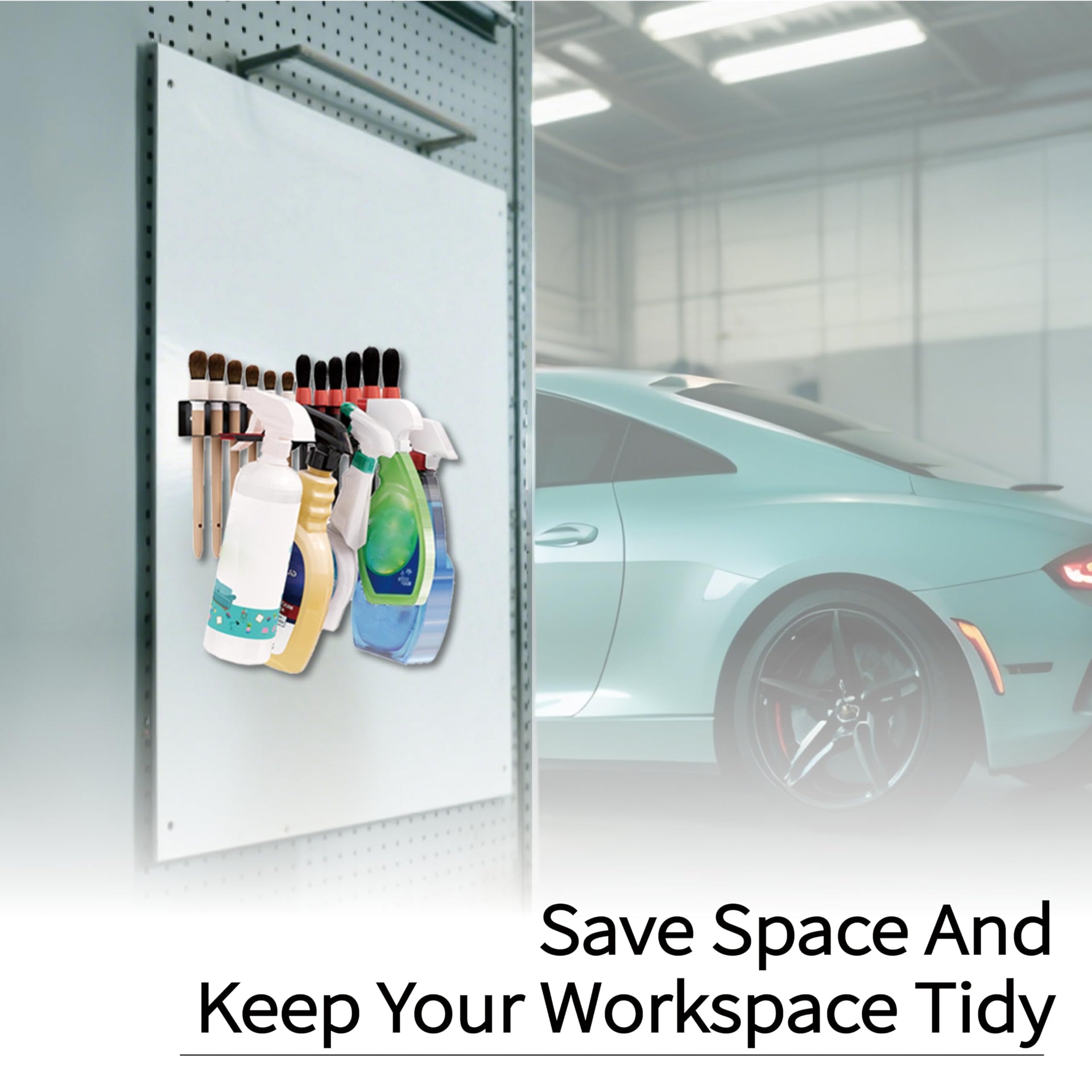 Wall Mount Brush & Spray Bottle Holder Combo Rack for Garage