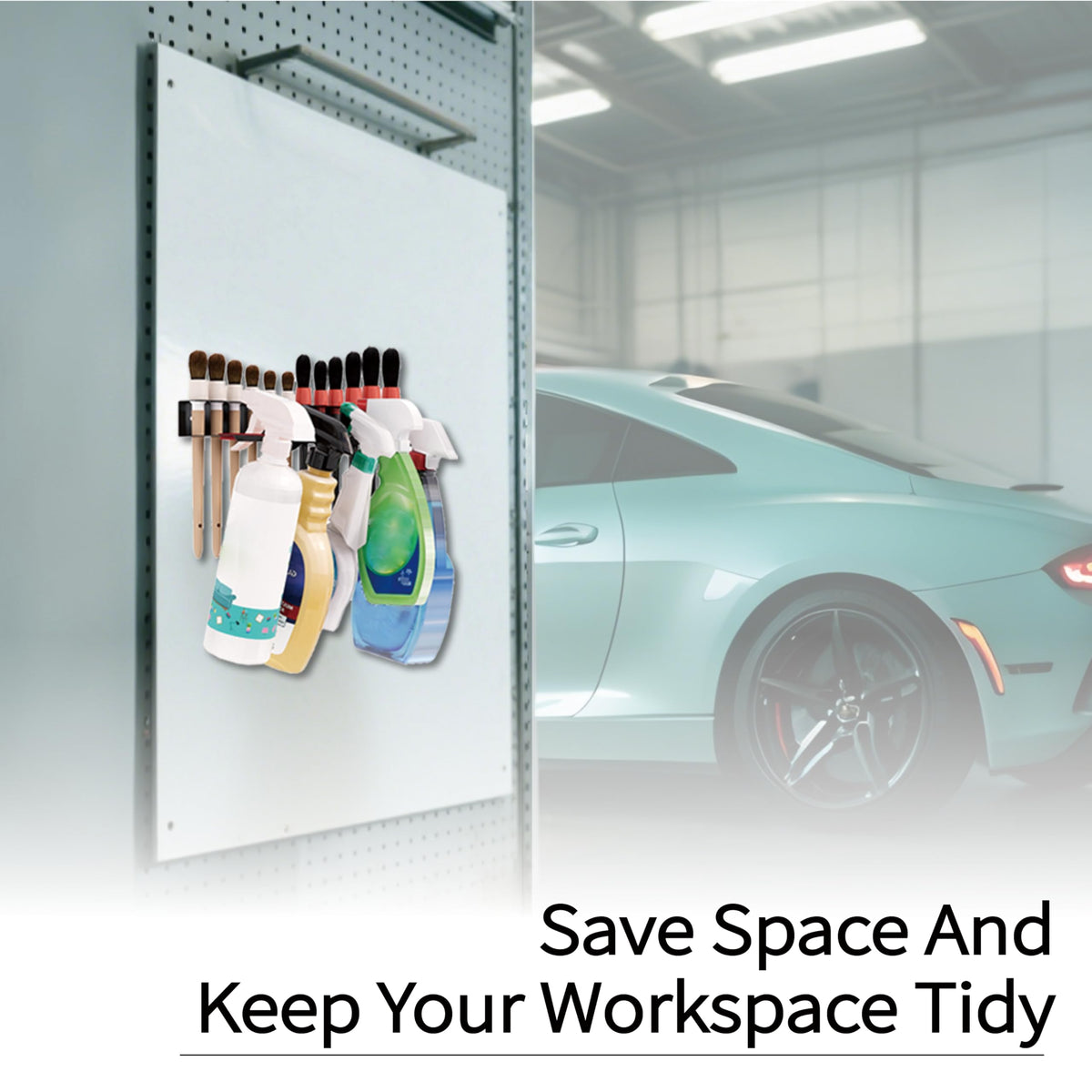 Wall Mount Brush & Spray Bottle Holder Combo Rack for Garage