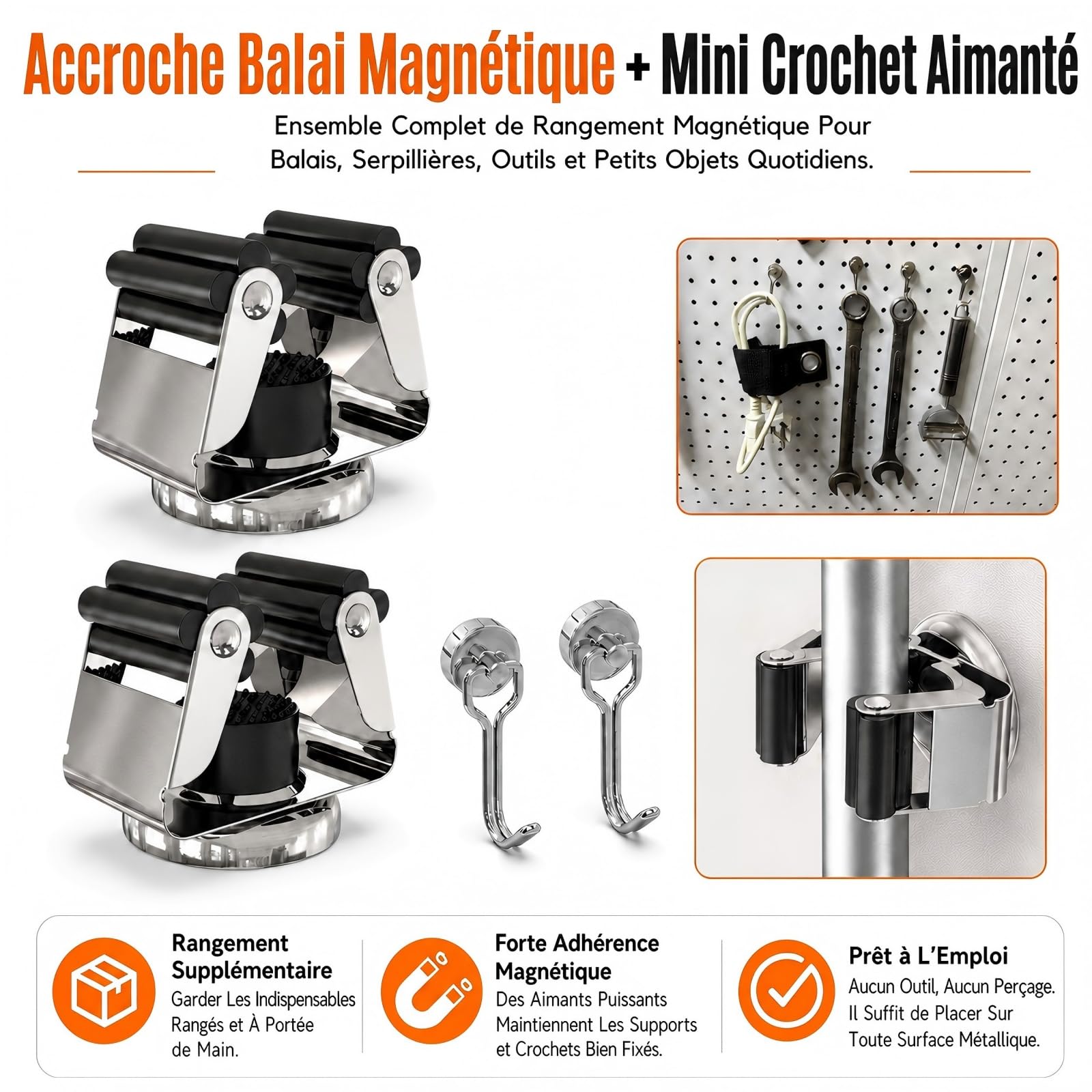 4 Pack Magnetic Broom Holder with 4 Pack Mini Magnetic Hooks (4 Count)
