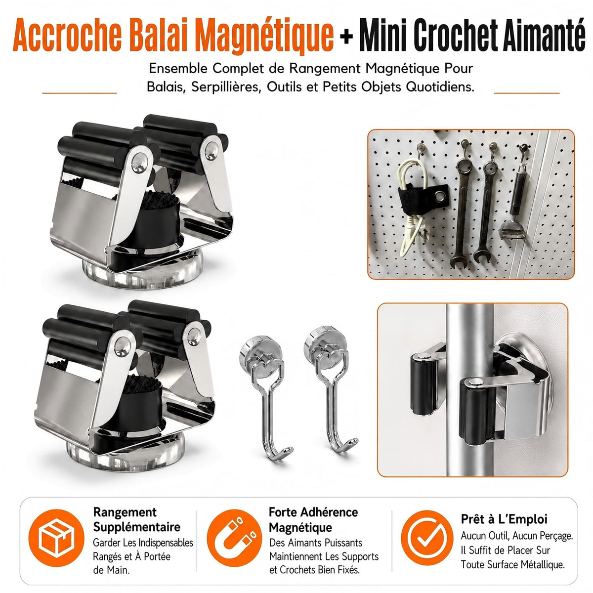 4 Pack Magnetic Broom Holder with 4 Pack Mini Magnetic Hooks (4 Count)