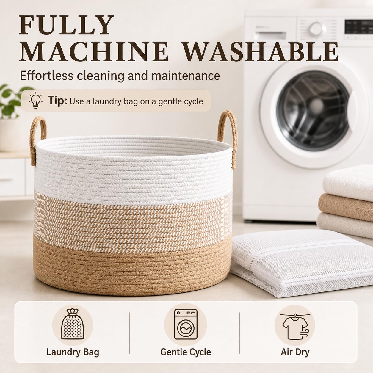 65L Extra Large Machine Washable Cotton Rope Blanket Basket