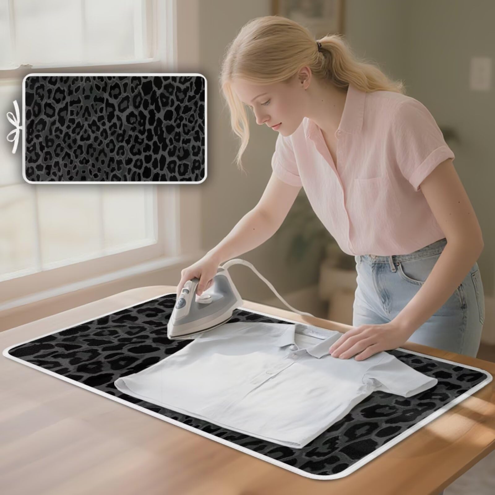 Black Ironing Mat Portable Leopard Print Ironing Pad for Steam Pressing on Tabletop or Bed