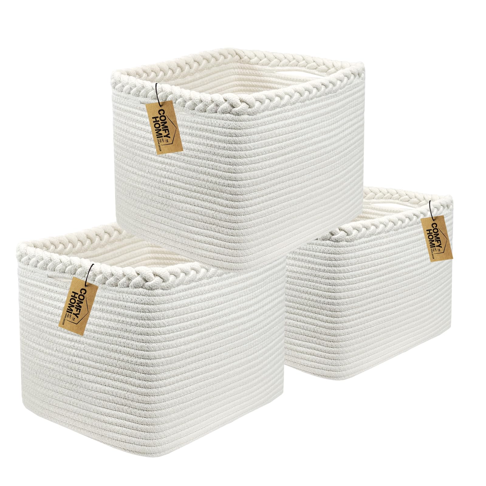 3PACK Cotton Rope Square Basket with Handles for Shelves (3 Count)
