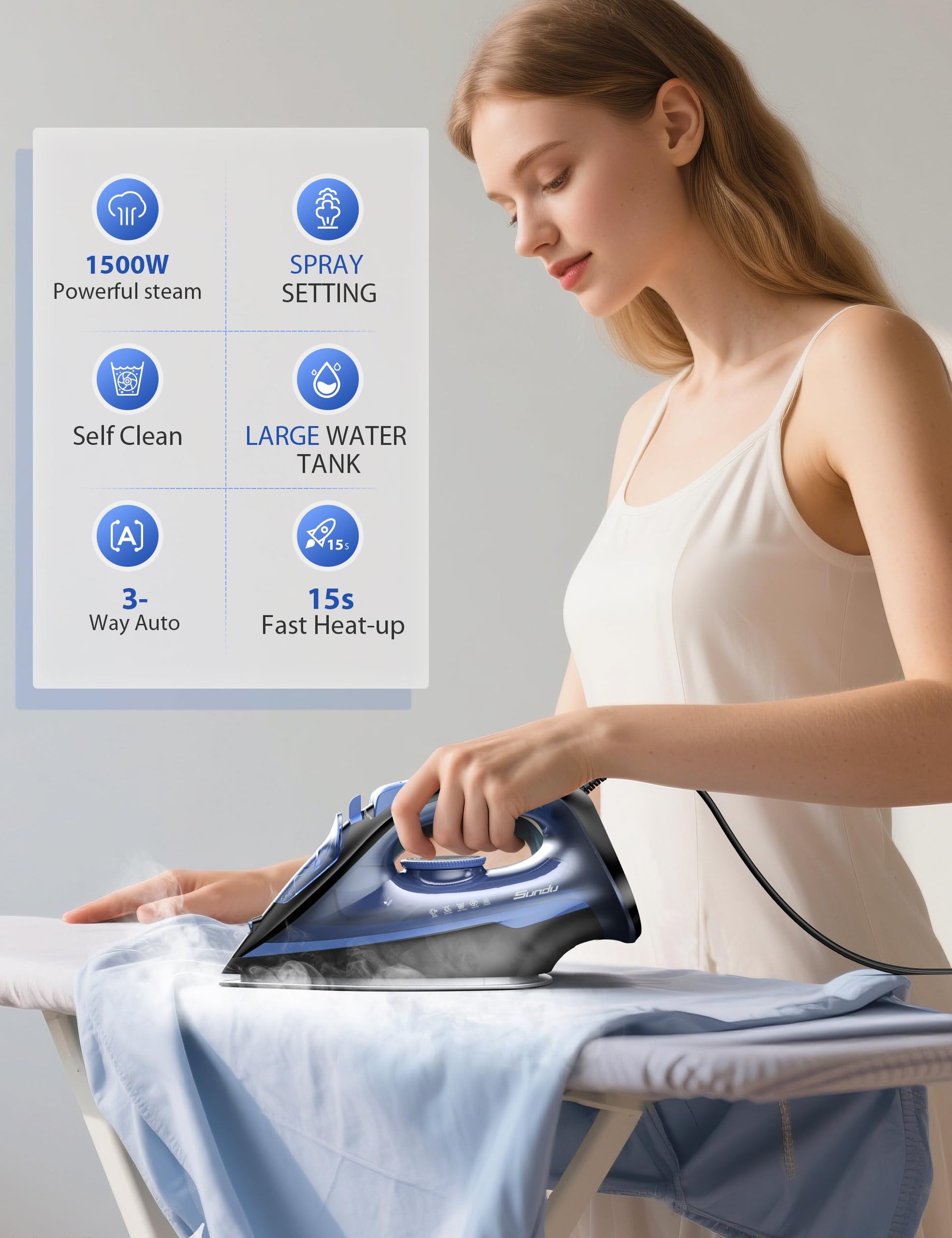 Steam Iron for Clothes with Rapid Heating Ceramic Coated Soleplate