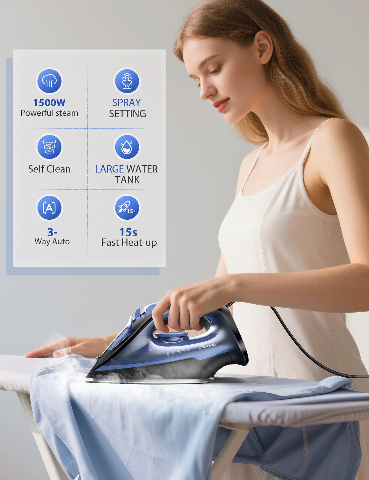 Steam Iron for Clothes with Rapid Heating Ceramic Coated Soleplate