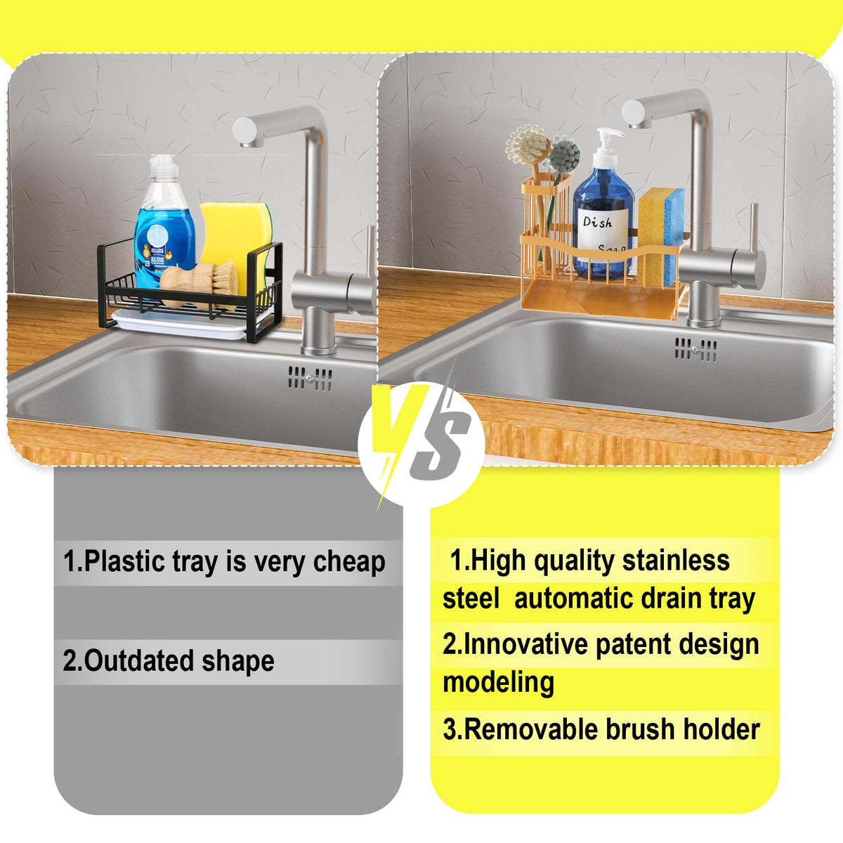 Maifan Sink Caddy Sponge Holder for Kitchen with Brush Holder and Stainless Steel Self Drain Tray