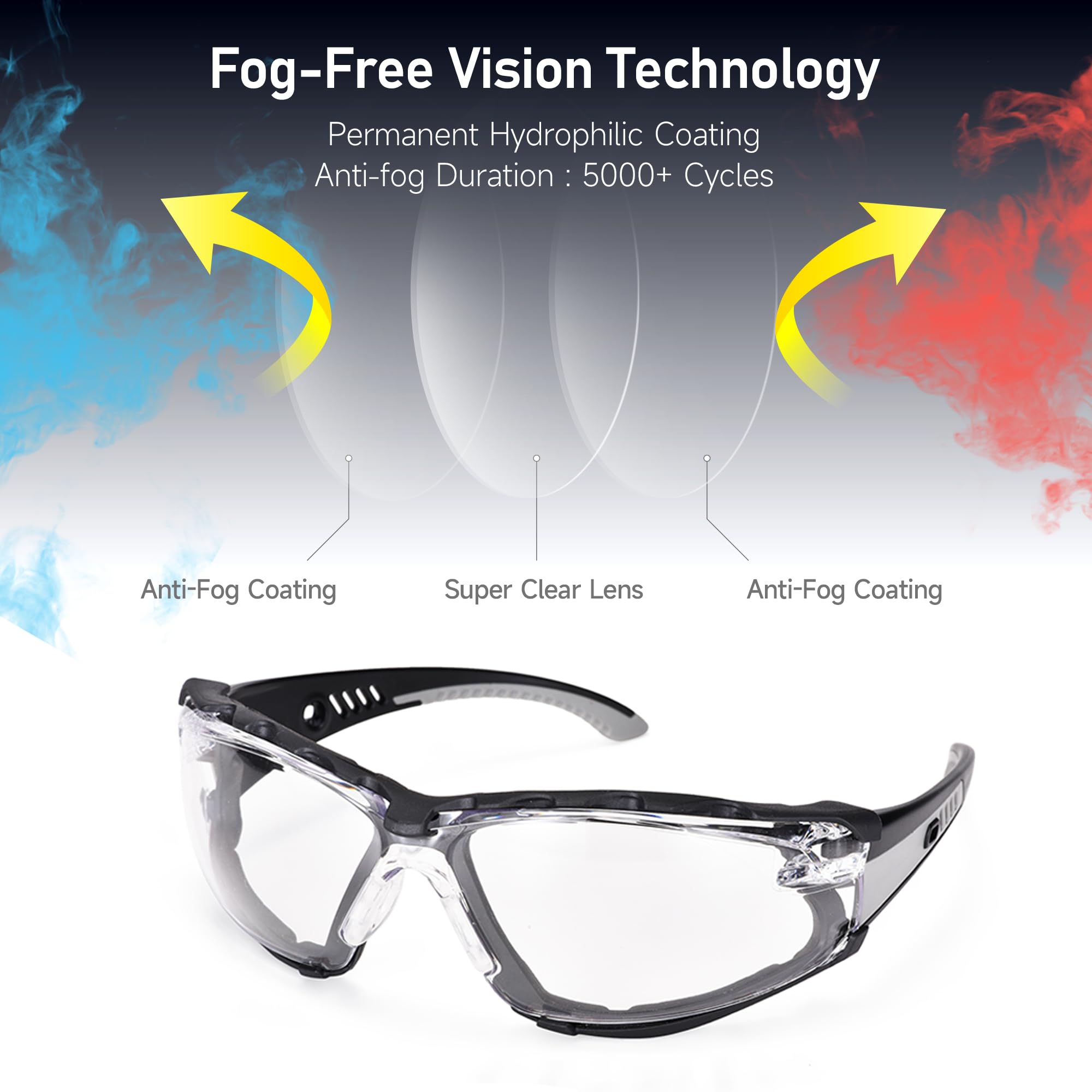 Safety Glasses Anti Fog Scratch Resistant ANSI Z87.1 CE Protective Eyewear with Foam Gasket Adjustable Strap