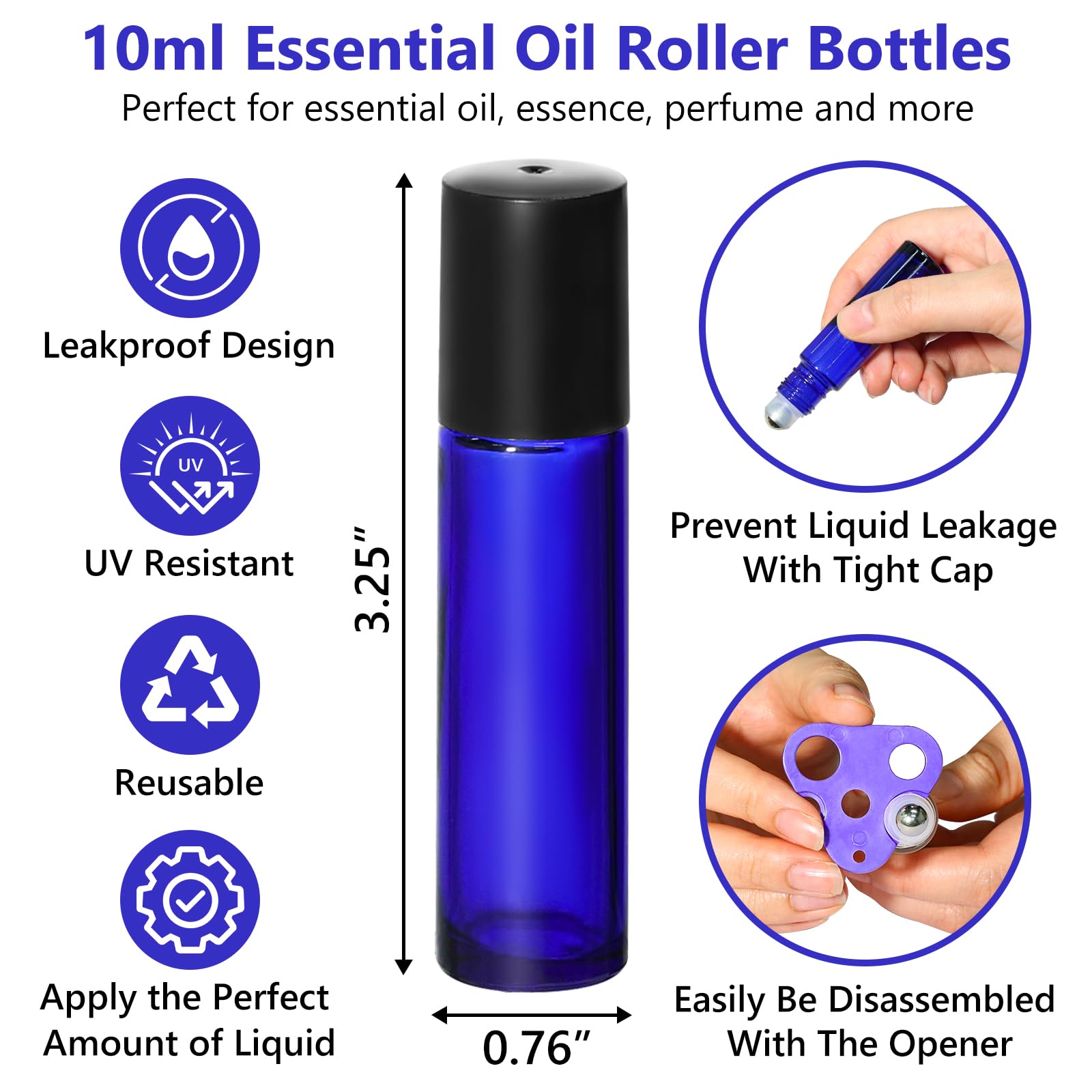 10ml Blue Glass Roller Rottles for Essential Oils (54 Count)