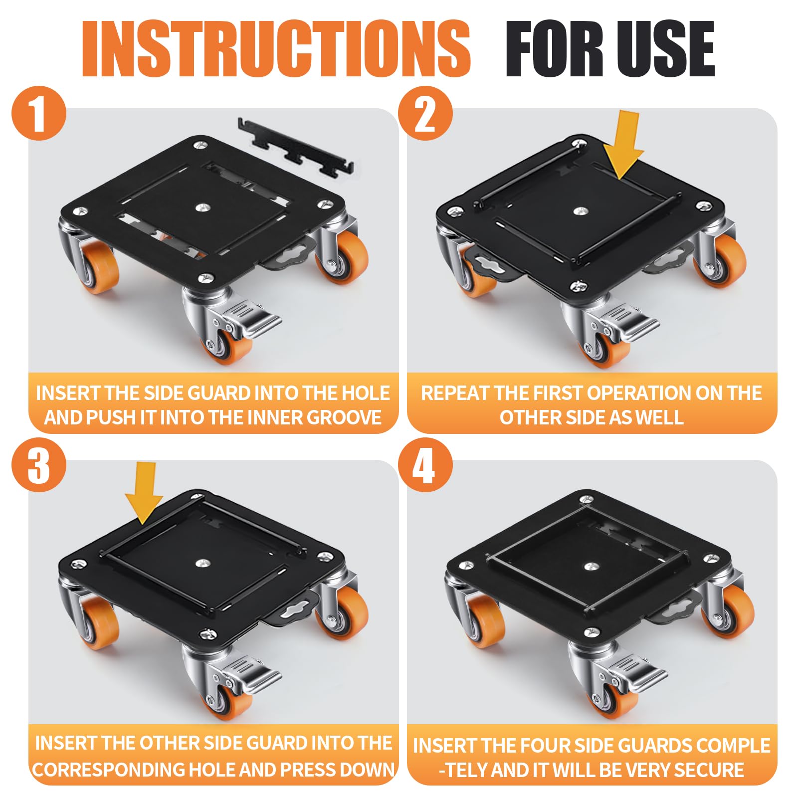 Furniture Dolly 5 Wheels Heavy Duty with Removable Side Guards 3900Lbs Capacity 360°Rotating Wheels Side Brake 5 Rollers Casters Cart Furniture Movers Lifter Tool for Sofas Beds Appliances Safe (4 Count)