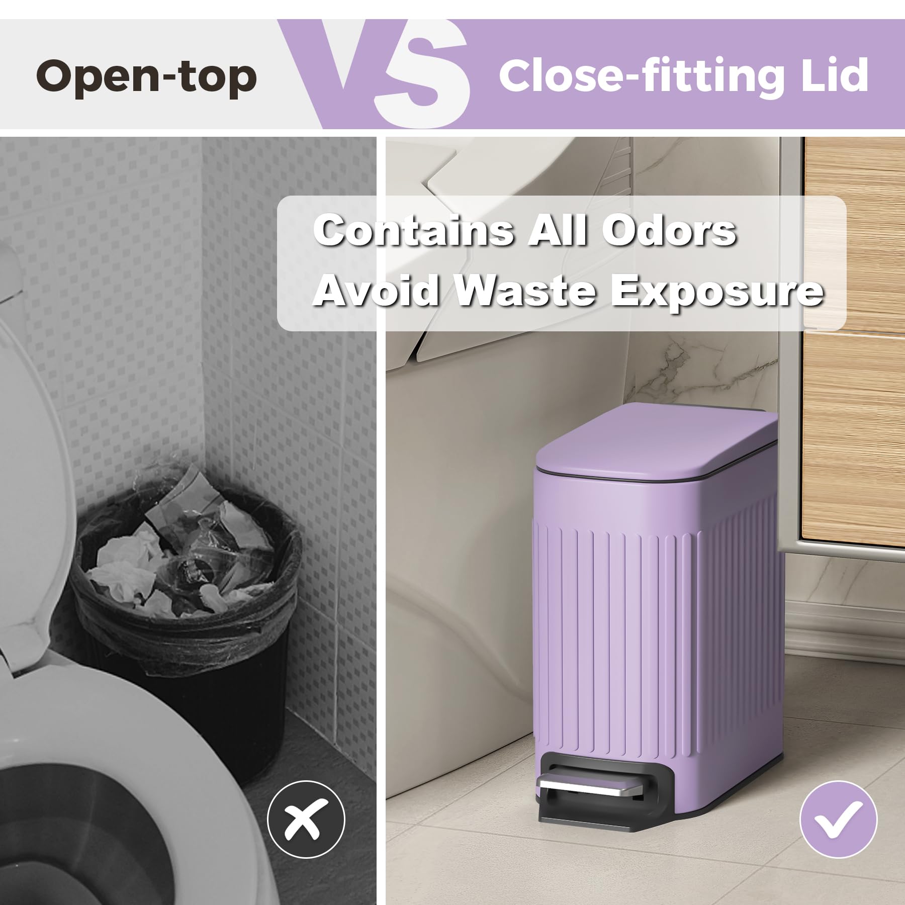 1.6Gal Slim Bathroom Trash Can with Lid Soft Close & Pedal