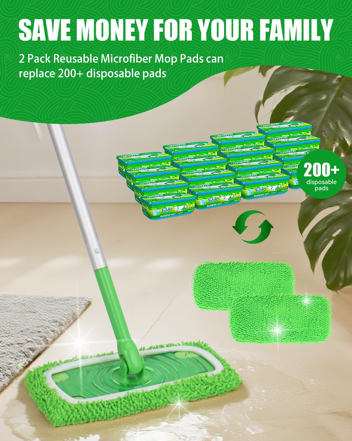 Reusable Microfiber Mop Pads Compatible with Swiffer Sweep & Mop Deluxe (2 Count)