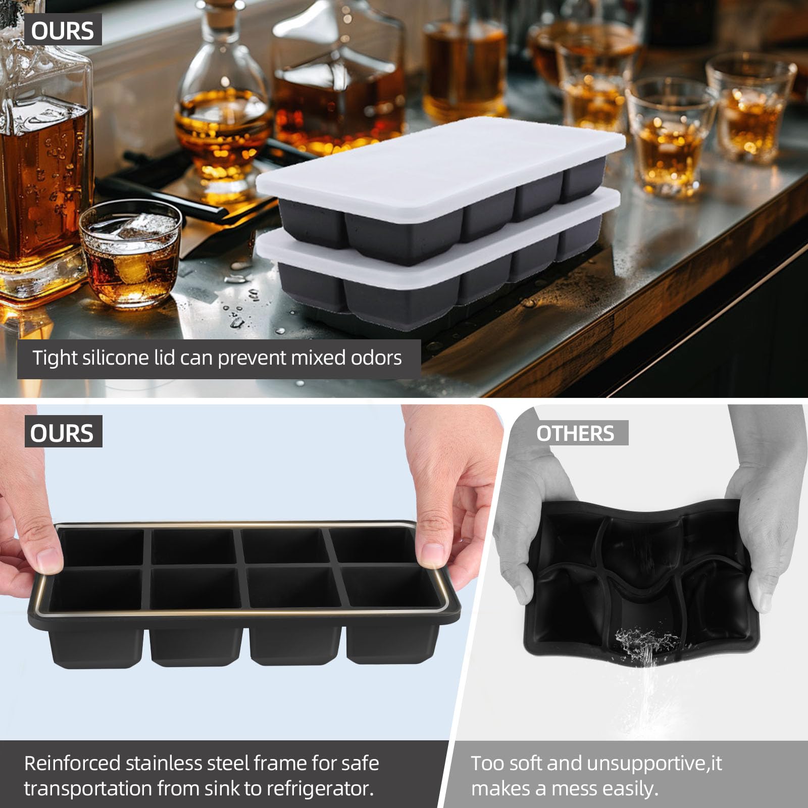 2 Pack Silicone 2 Inch Large Ice Cube Molds for Cocktails Wine Fruit and Bourbon Whiskey Easy Release Ice Cube Tray with Lid Ideal for Cold Drinks and Entertaining Gatherings (15.34 Ounce)