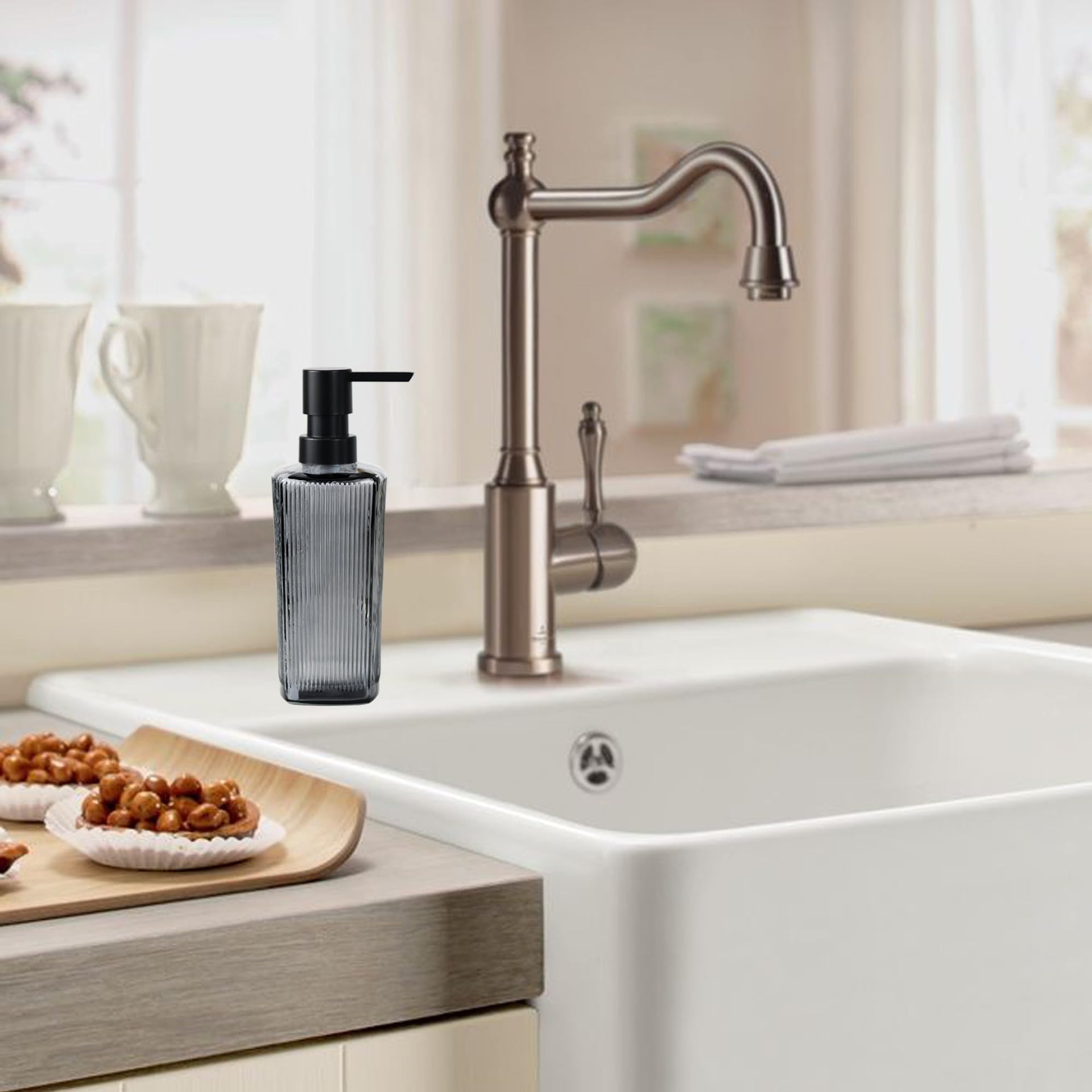 12 oz Glass Soap Dispenser with Vertical Stripe with Black Plastic Rustproof Pump