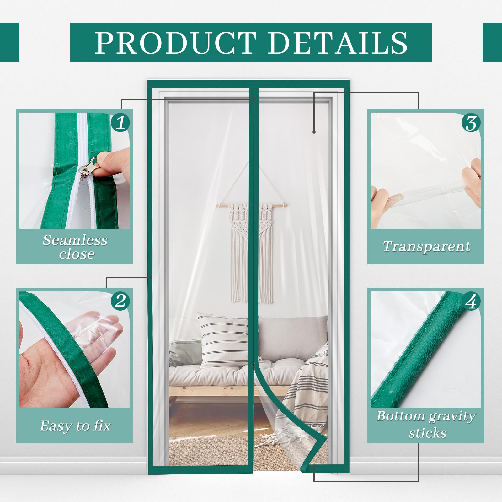 Zipper 60 x 102 Inch Dust Barrier Kit Construction Door Barrier 5 x 8.5 ft Reusable Plastic Curtain Cover Containment Standard Doorway Temporary Wall Screen Green Sheeting for Bathroom Hallway