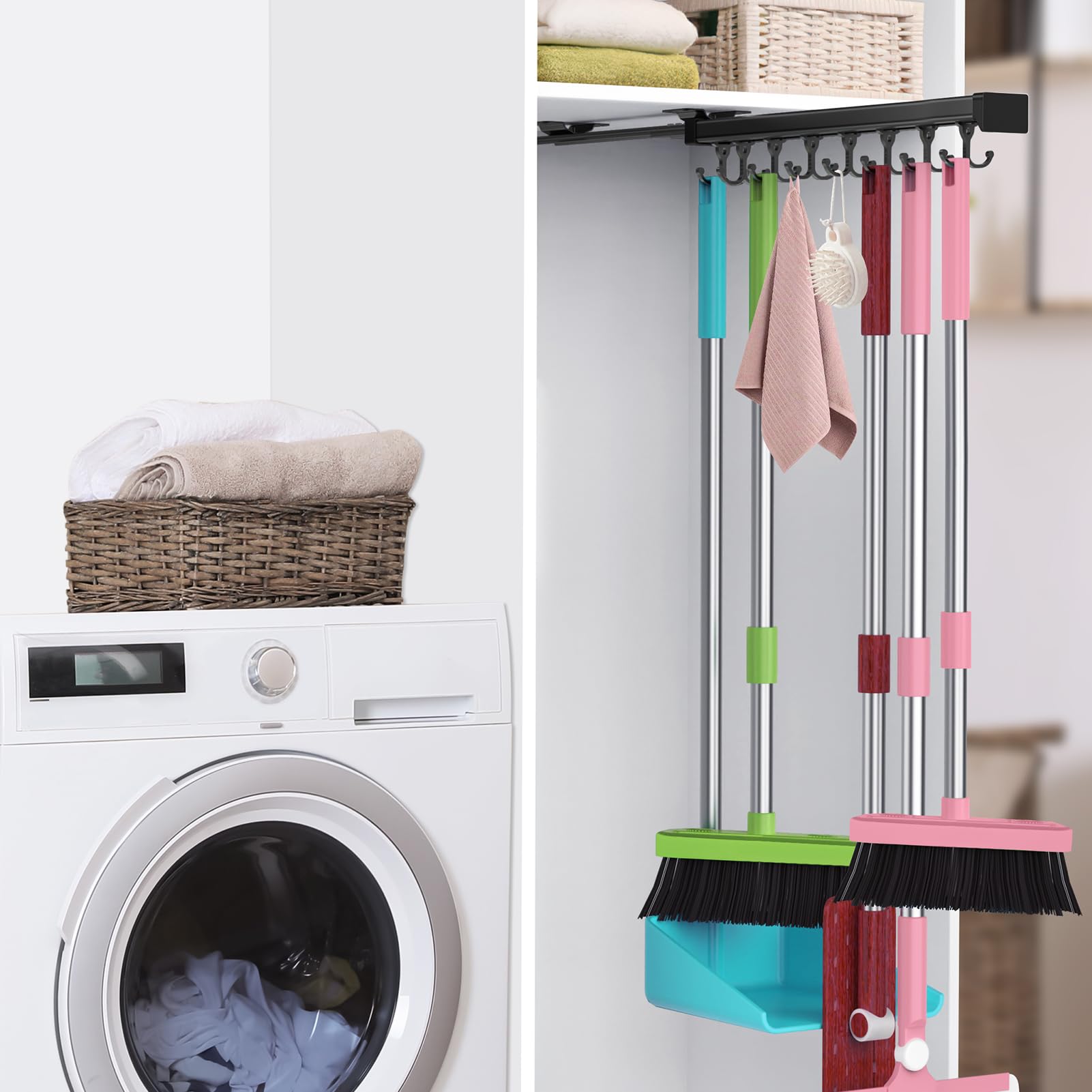 Pull Out Broom Holder With Adjustable Double Row Sliding Hook