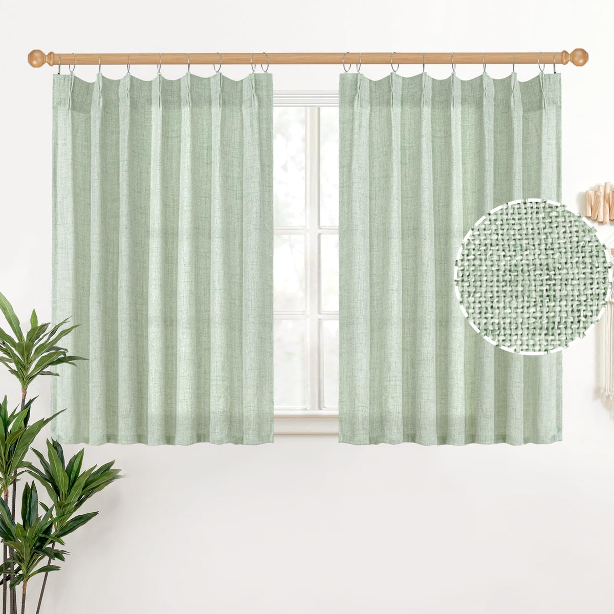 Sage Green Linen Semi Sheer Curtains 40 Inch Length for Kitchen Window (2 Count)